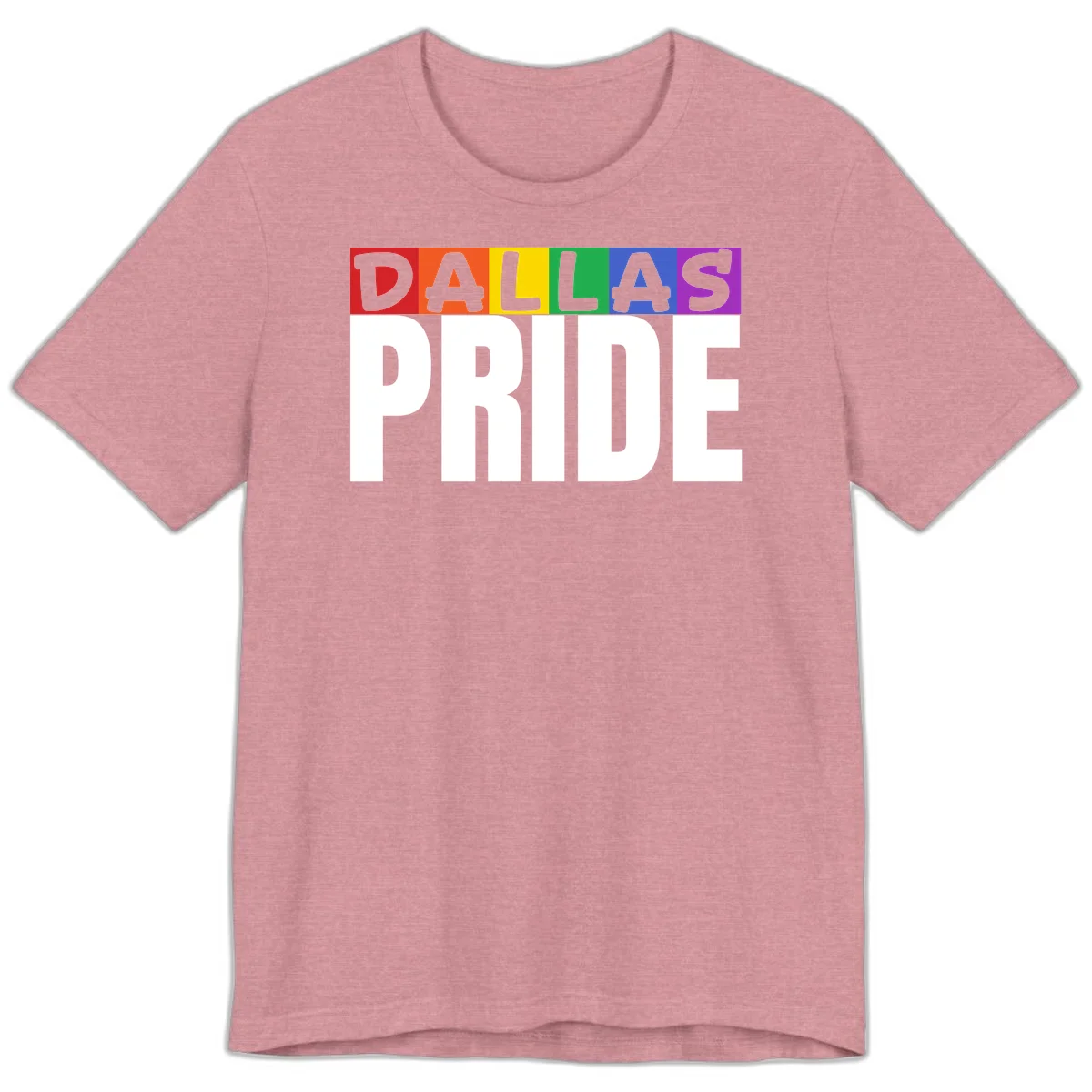 Dallas Pride rainbow design with colorful letters spelling DALLAS above white PRIDE text in Heather Orchid