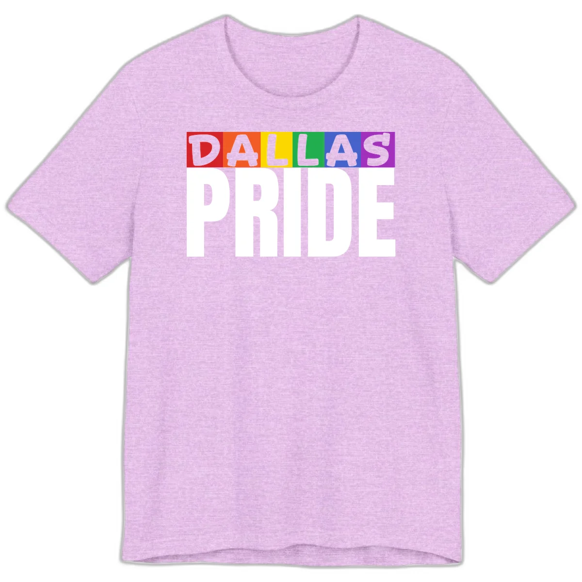 Dallas Pride rainbow design with colorful letters spelling DALLAS above white PRIDE text in Heather Prism Lilac