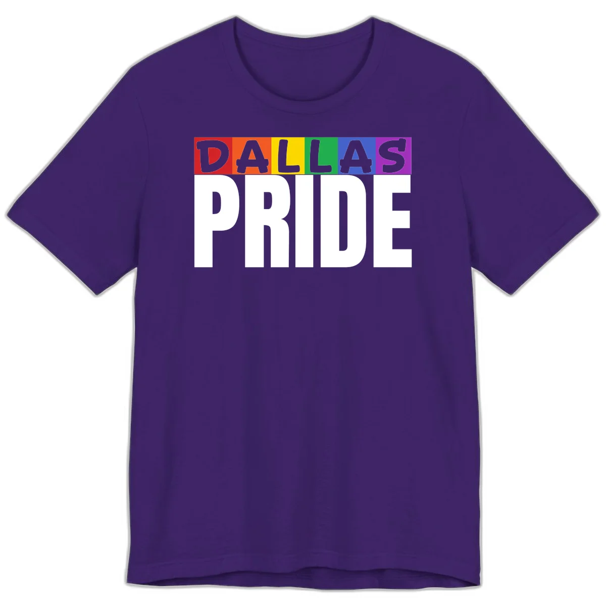 Dallas Pride rainbow design with colorful letters spelling DALLAS above white PRIDE text in Team Purple