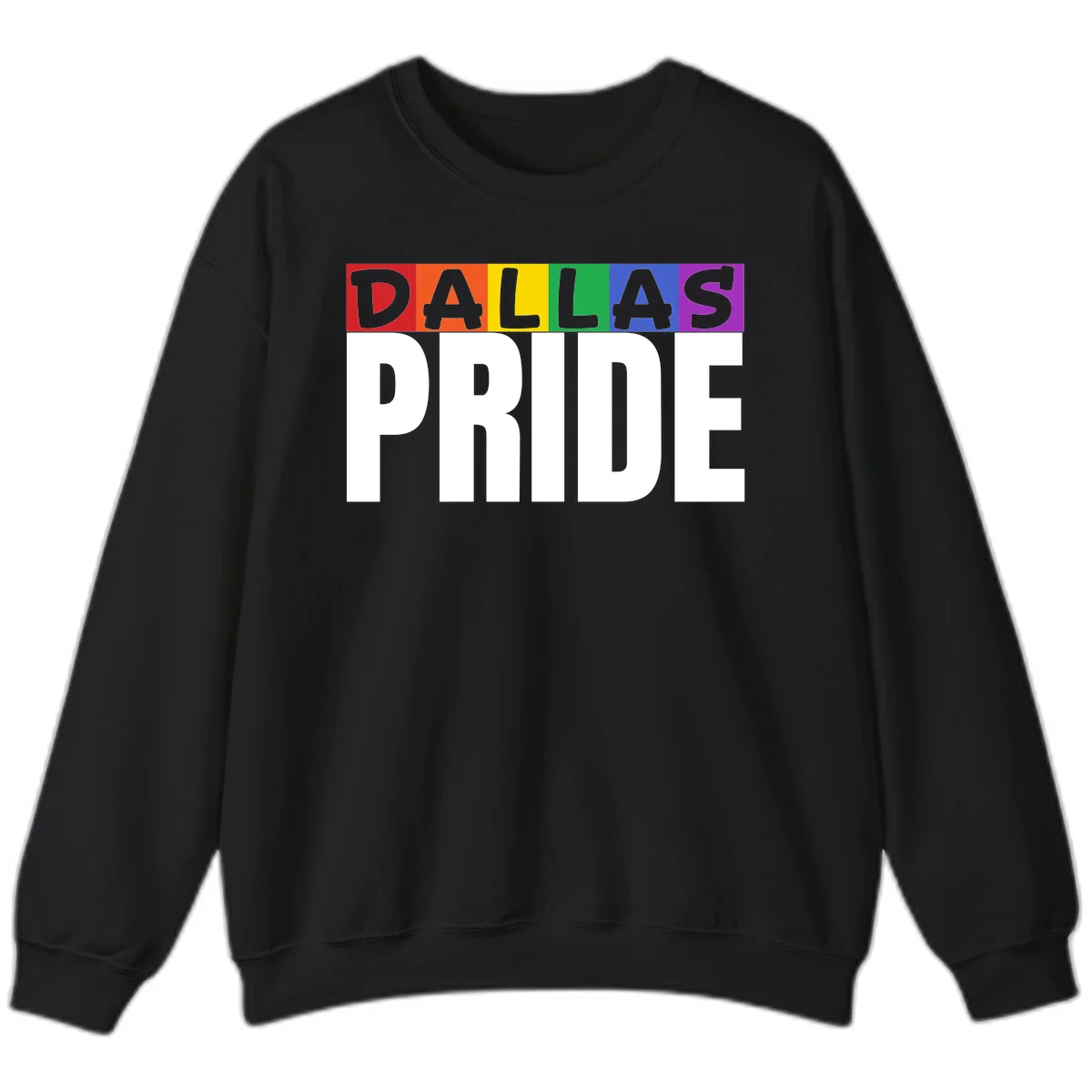 Dallas Pride rainbow design with colorful letters spelling DALLAS above white PRIDE text in Black