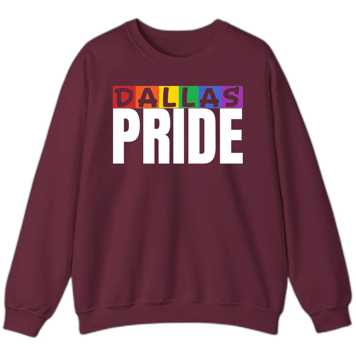 Dallas Pride rainbow design with colorful letters spelling DALLAS above white PRIDE text in Maroon