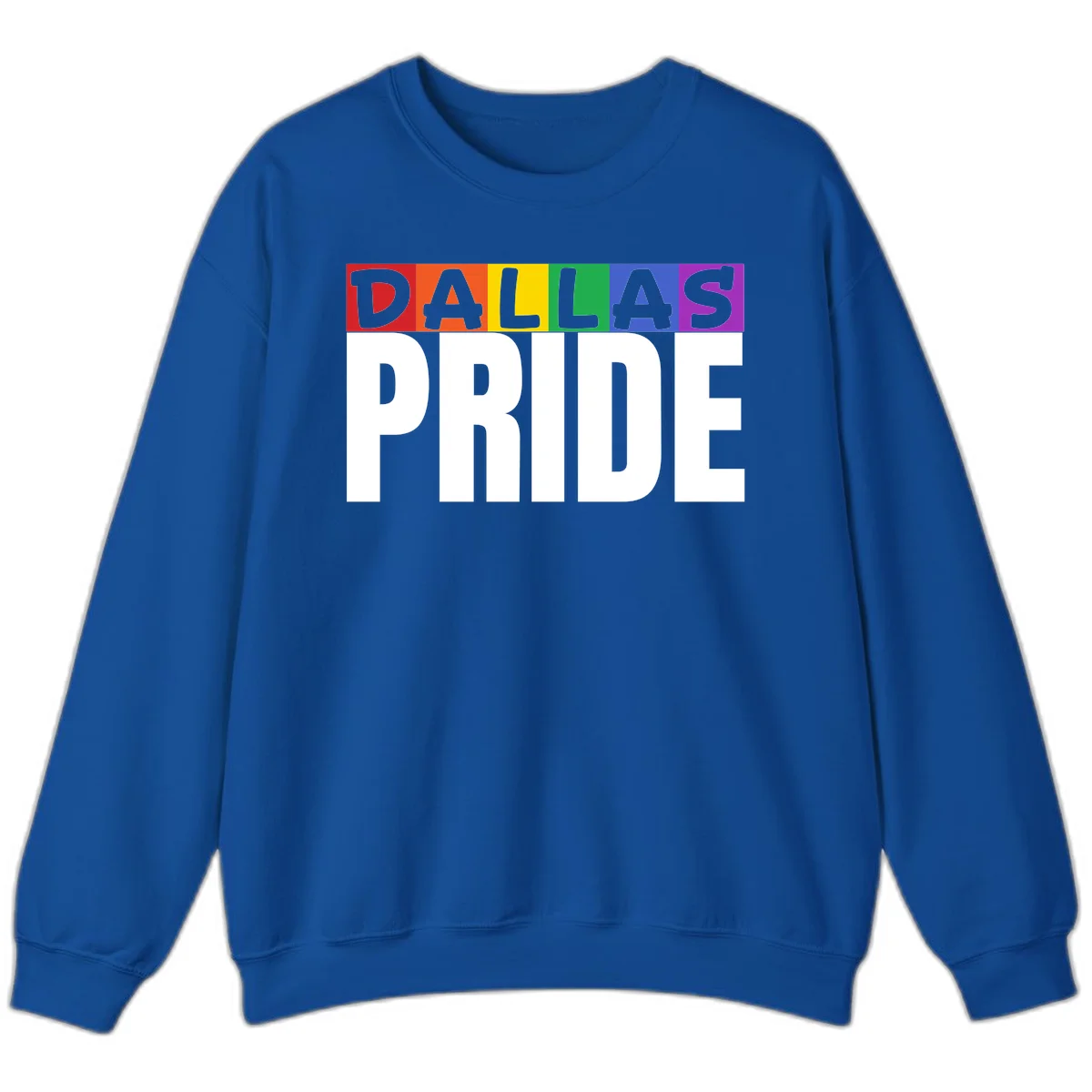 Dallas Pride rainbow design with colorful letters spelling DALLAS above white PRIDE text in Royal