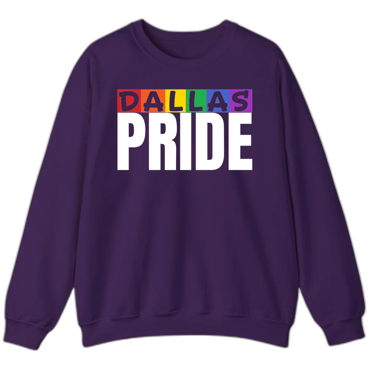 Dallas Pride rainbow design with colorful letters spelling DALLAS above white PRIDE text in Purple