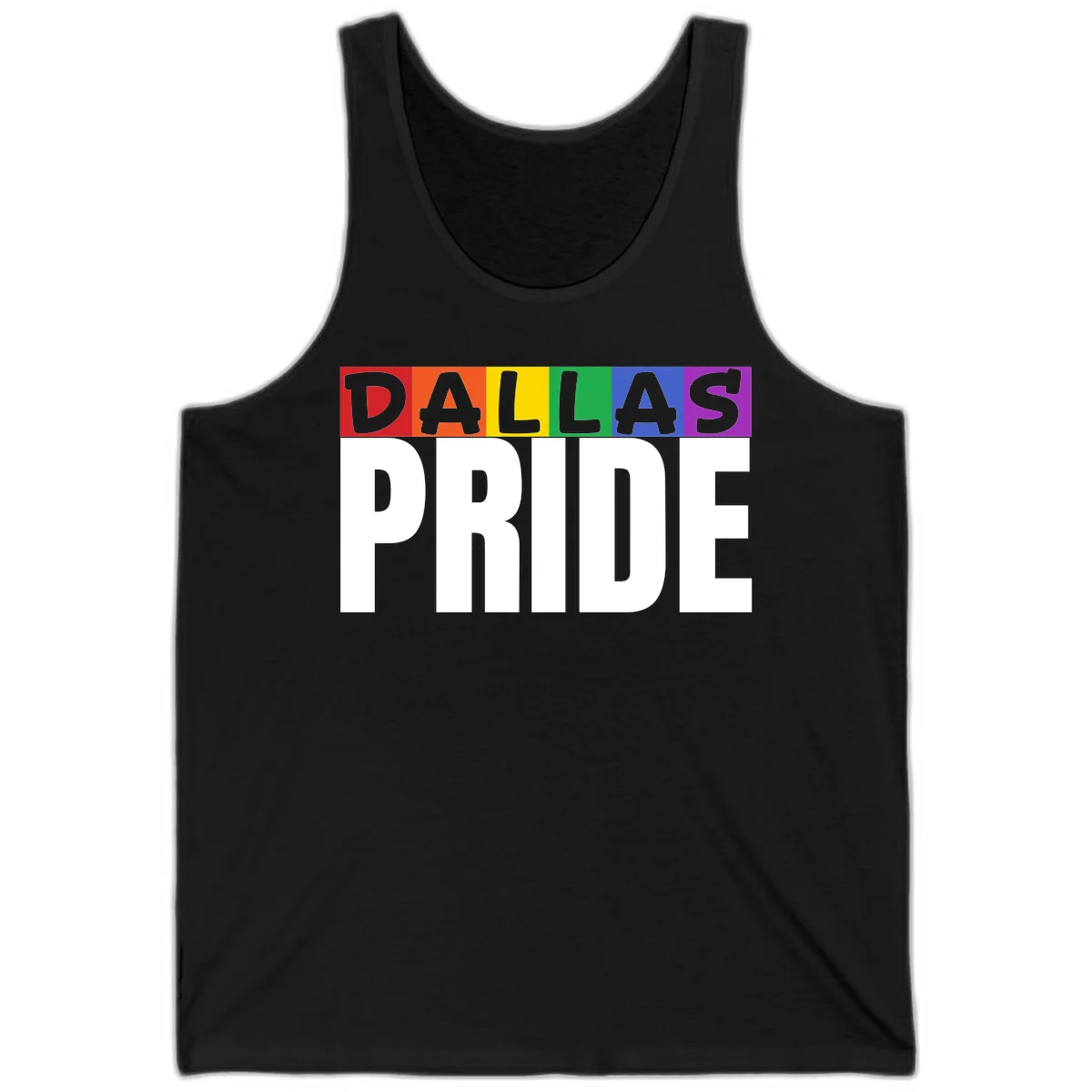 Dallas Pride rainbow design with colorful letters spelling DALLAS above white PRIDE text in Black