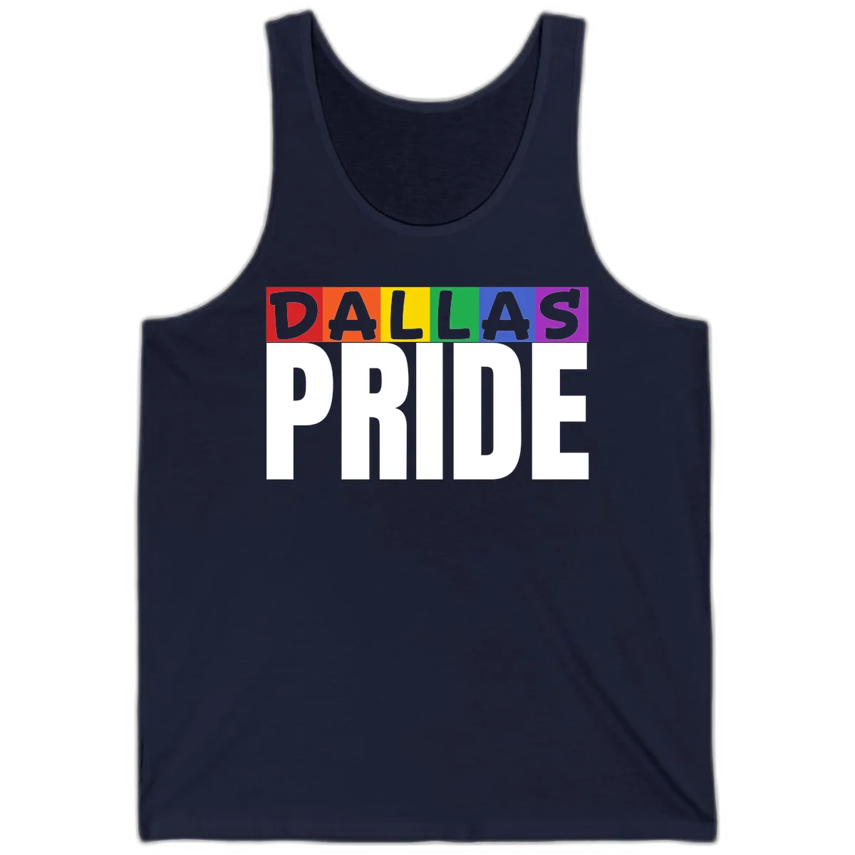 Dallas Pride rainbow design with colorful letters spelling DALLAS above white PRIDE text in Navy
