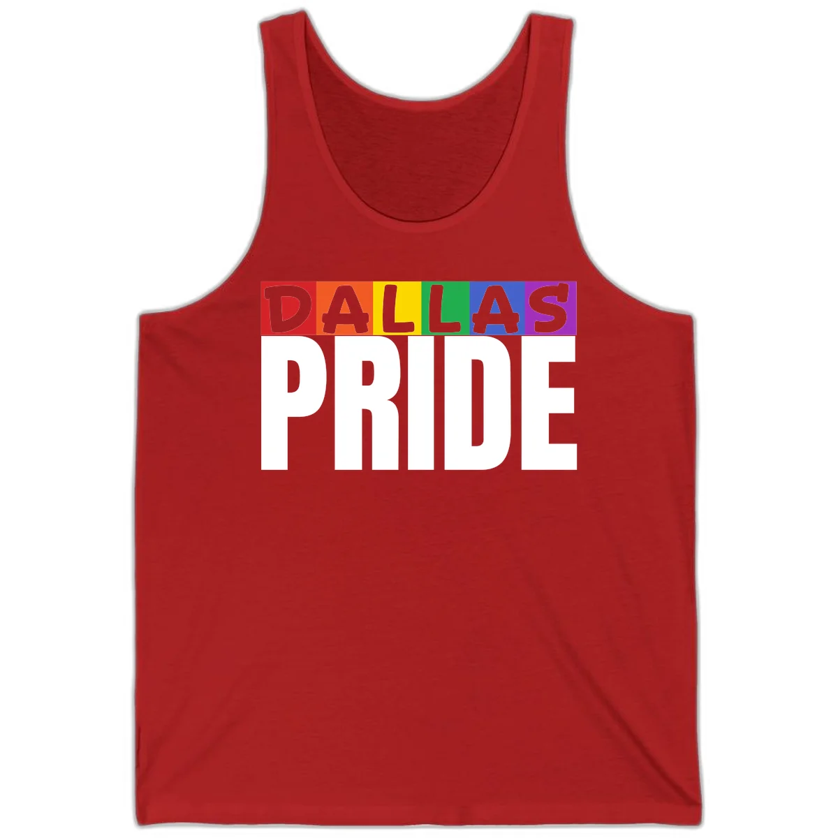 Dallas Pride rainbow design with colorful letters spelling DALLAS above white PRIDE text in Red