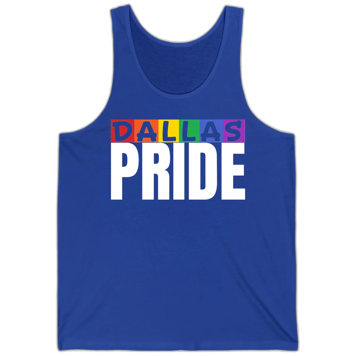 Dallas Pride rainbow design with colorful letters spelling DALLAS above white PRIDE text in True Royal