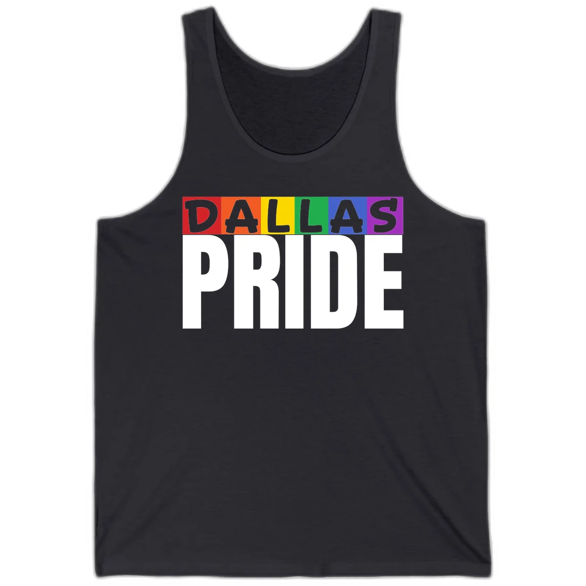Dallas Pride rainbow design with colorful letters spelling DALLAS above white PRIDE text in Dark Grey