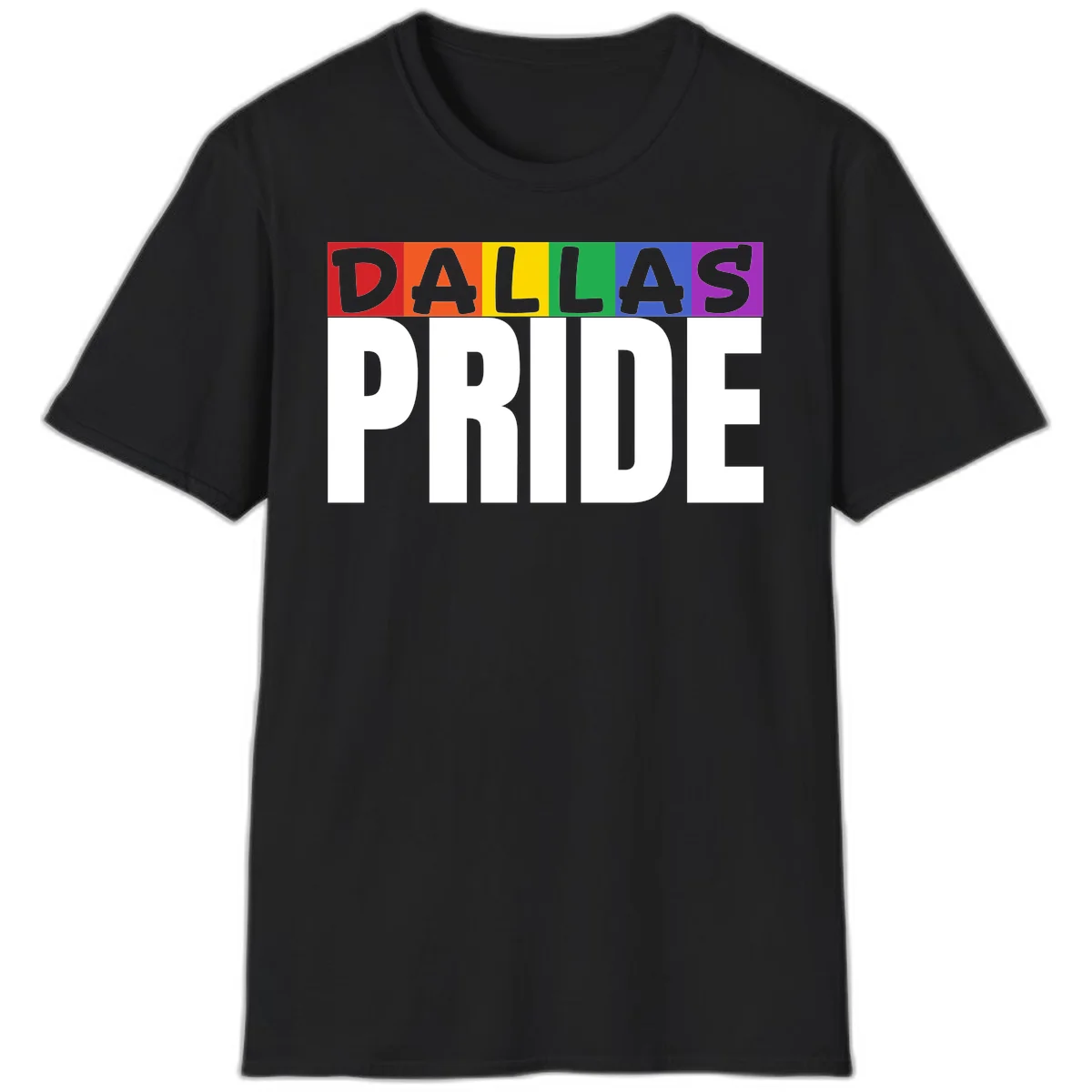 Dallas Pride rainbow design with colorful letters spelling DALLAS above white PRIDE text in Black