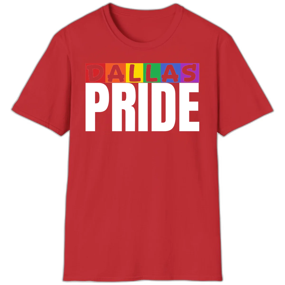 Dallas Pride rainbow design with colorful letters spelling DALLAS above white PRIDE text in Red