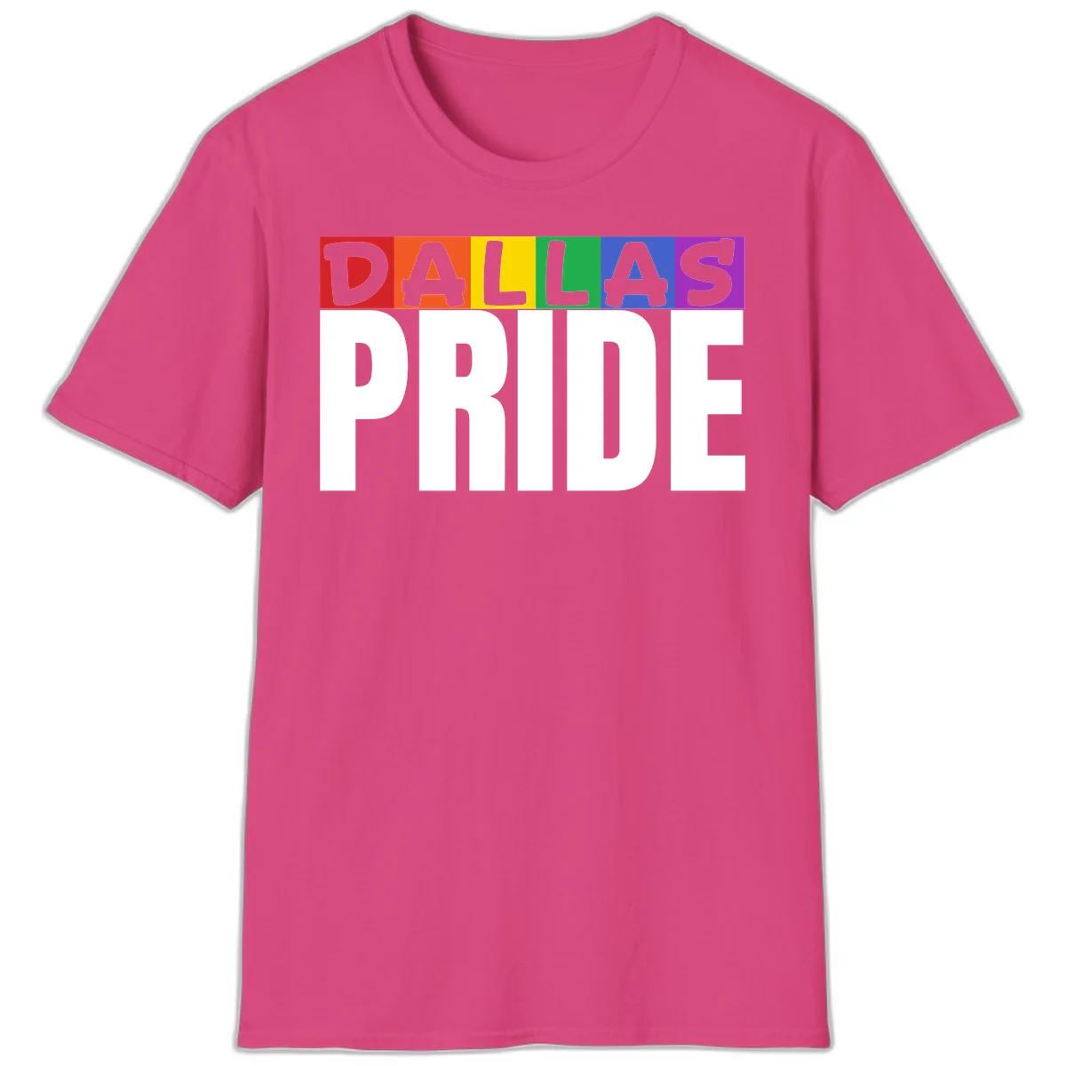 Dallas Pride rainbow design with colorful letters spelling DALLAS above white PRIDE text in Heliconia