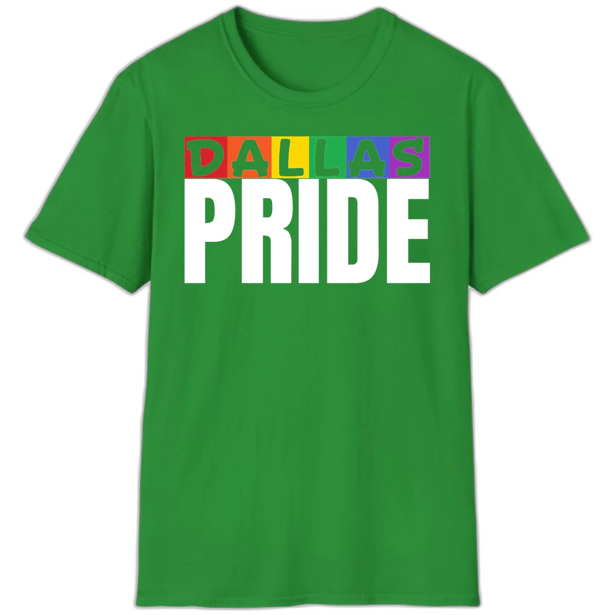 Dallas Pride rainbow design with colorful letters spelling DALLAS above white PRIDE text in Irish Green