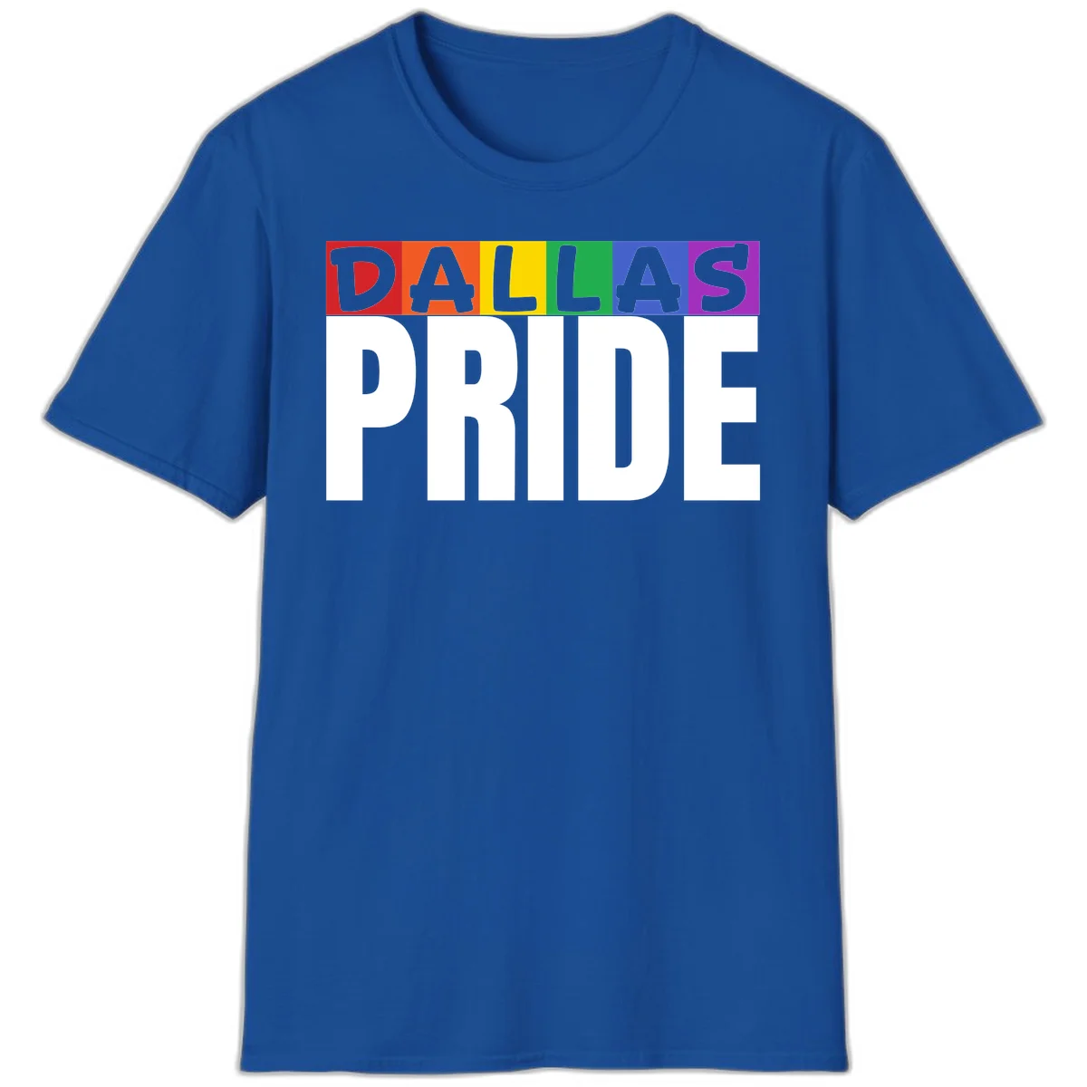 Dallas Pride rainbow design with colorful letters spelling DALLAS above white PRIDE text in Royal