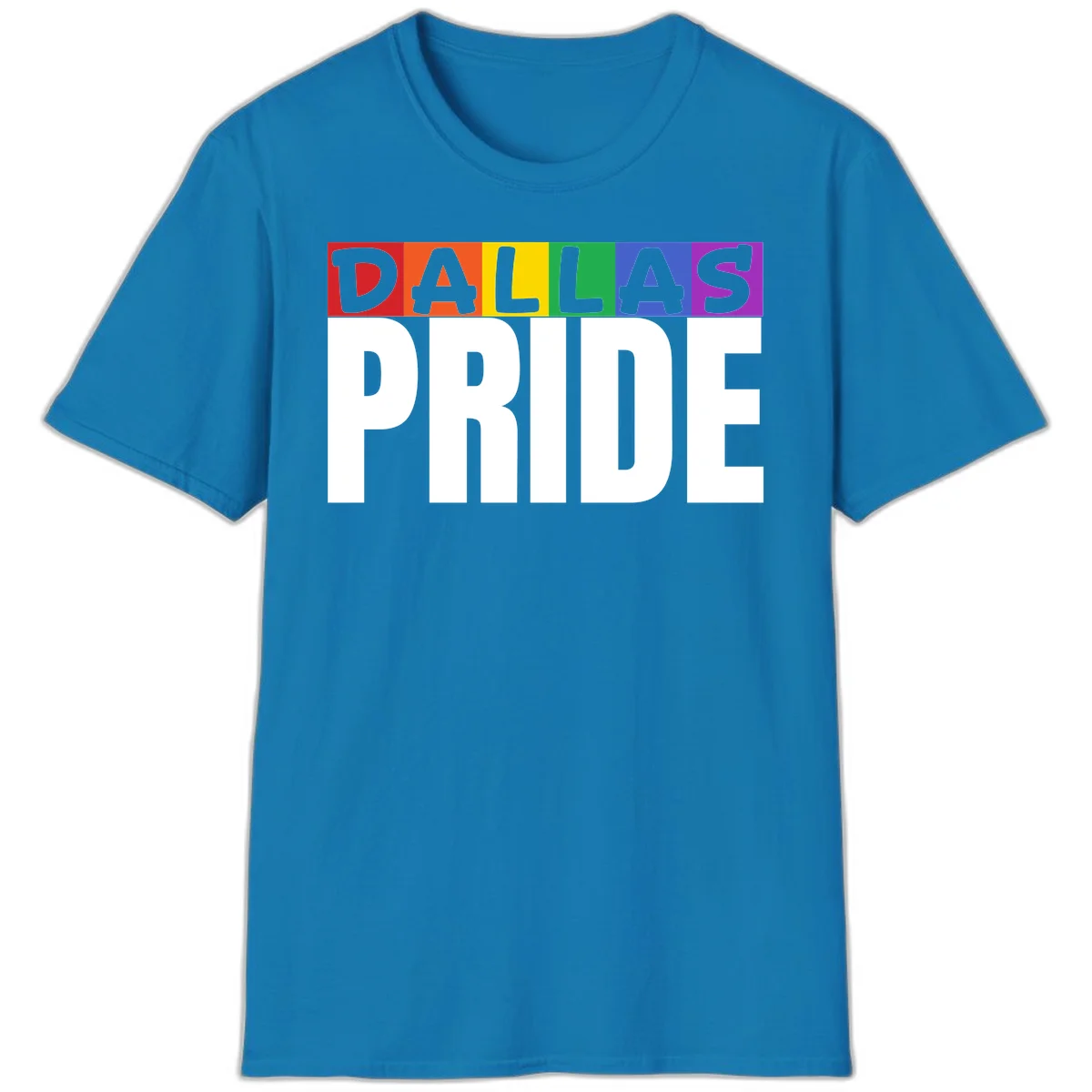 Dallas Pride rainbow design with colorful letters spelling DALLAS above white PRIDE text in Sapphire