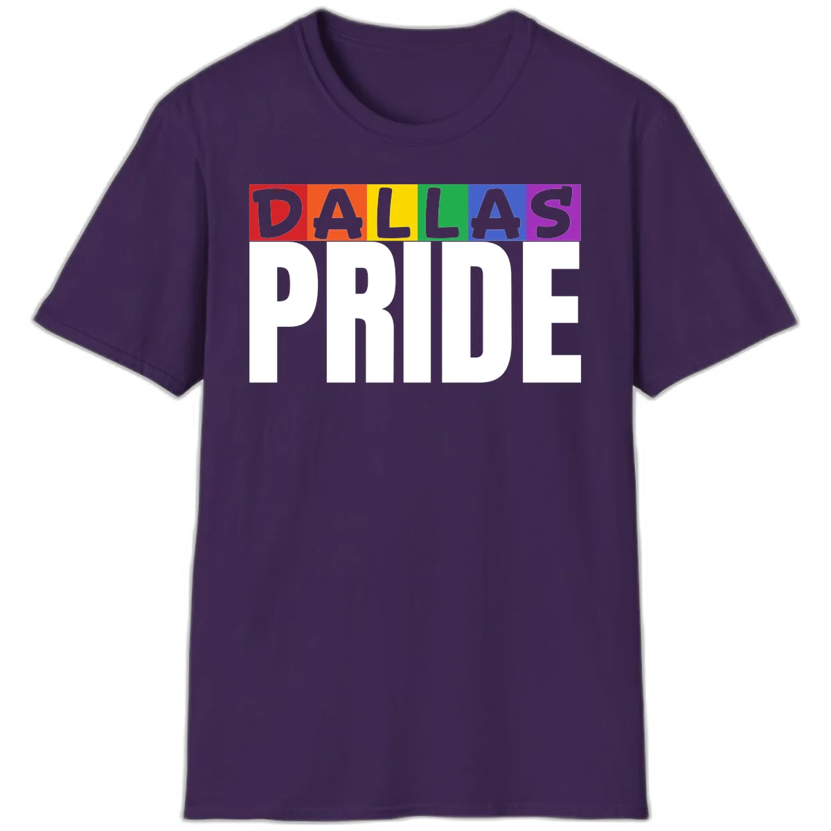 Dallas Pride rainbow design with colorful letters spelling DALLAS above white PRIDE text in Purple