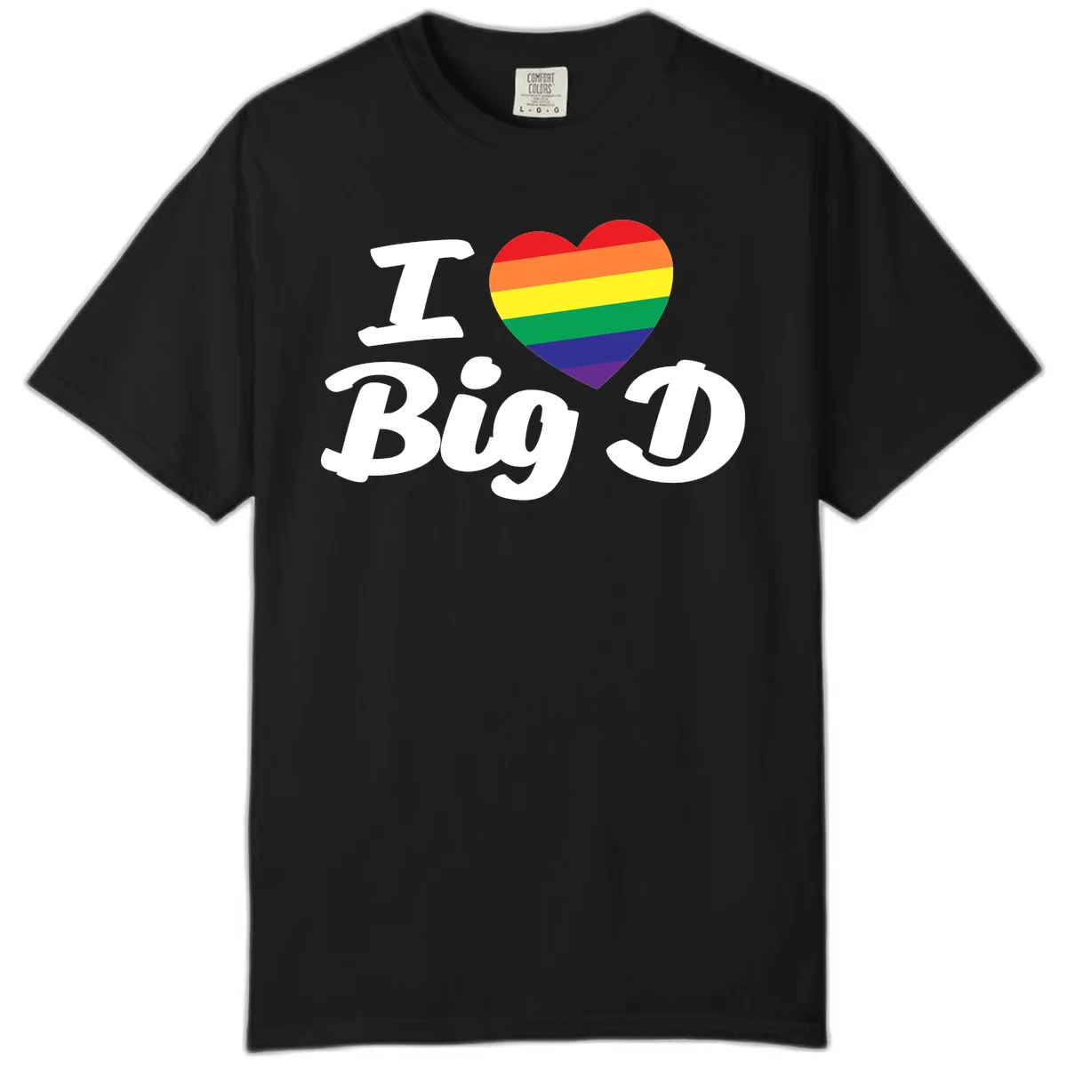Big D pride love design with rainbow-striped heart and white text on gray background in Black