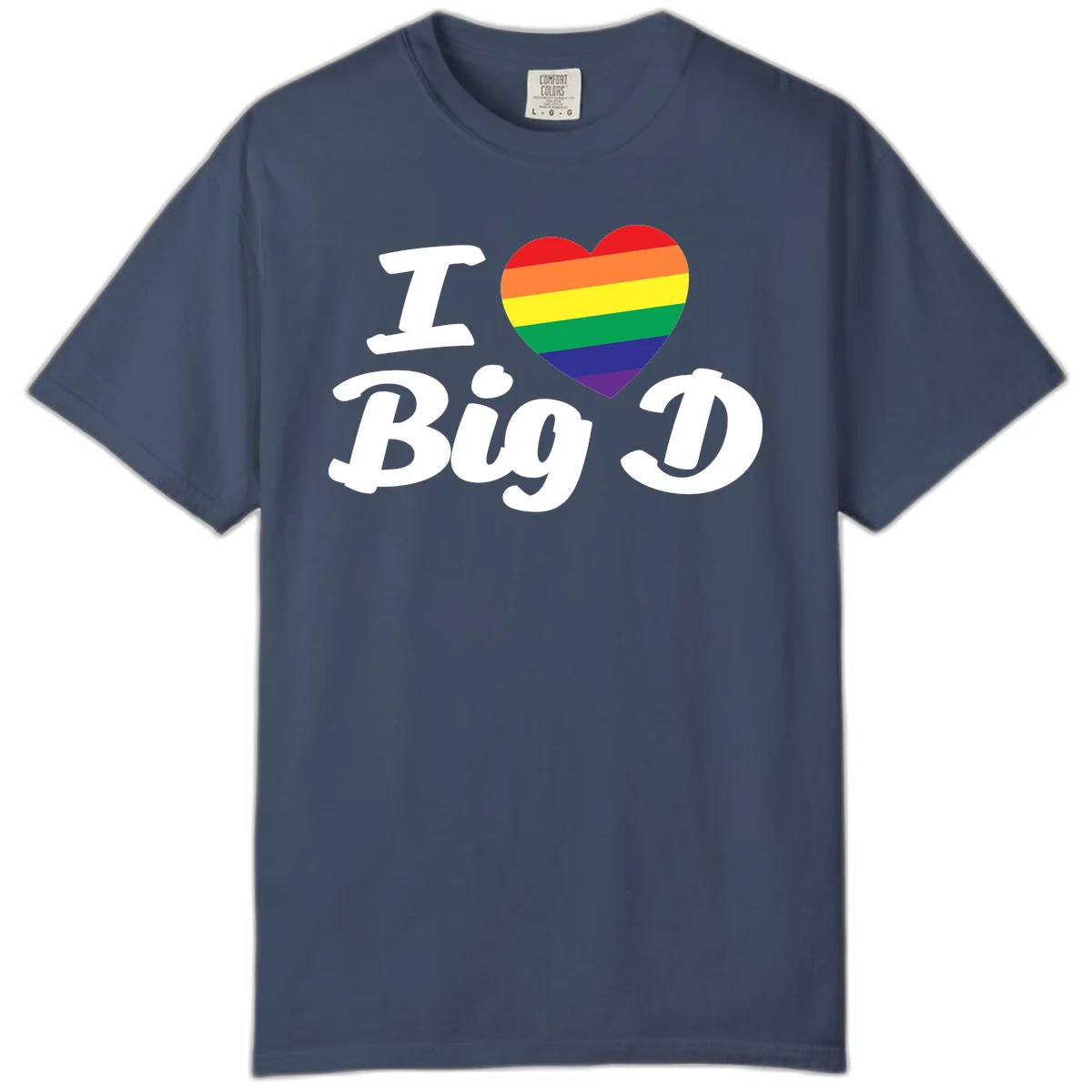 Big D pride love design with rainbow-striped heart and white text on gray background in Midnight