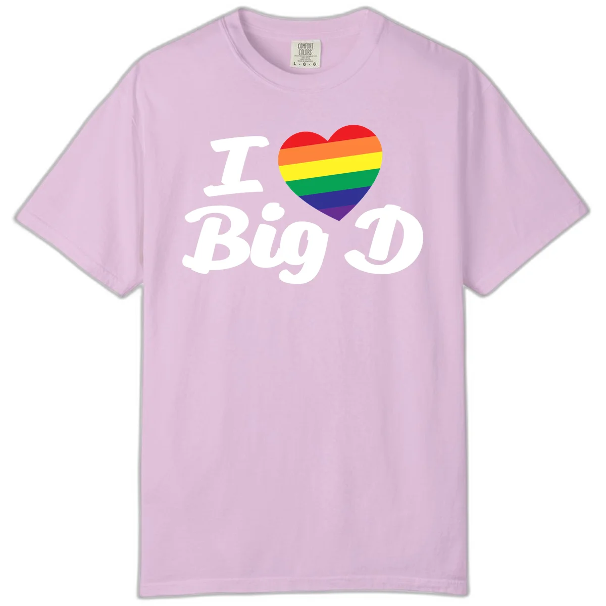 Big D pride love design with rainbow-striped heart and white text on gray background in Orchid