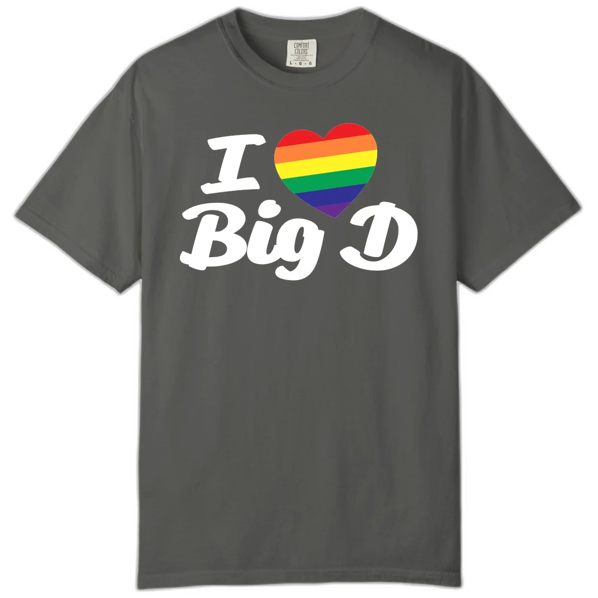 Big D pride love design with rainbow-striped heart and white text on gray background in Pepper