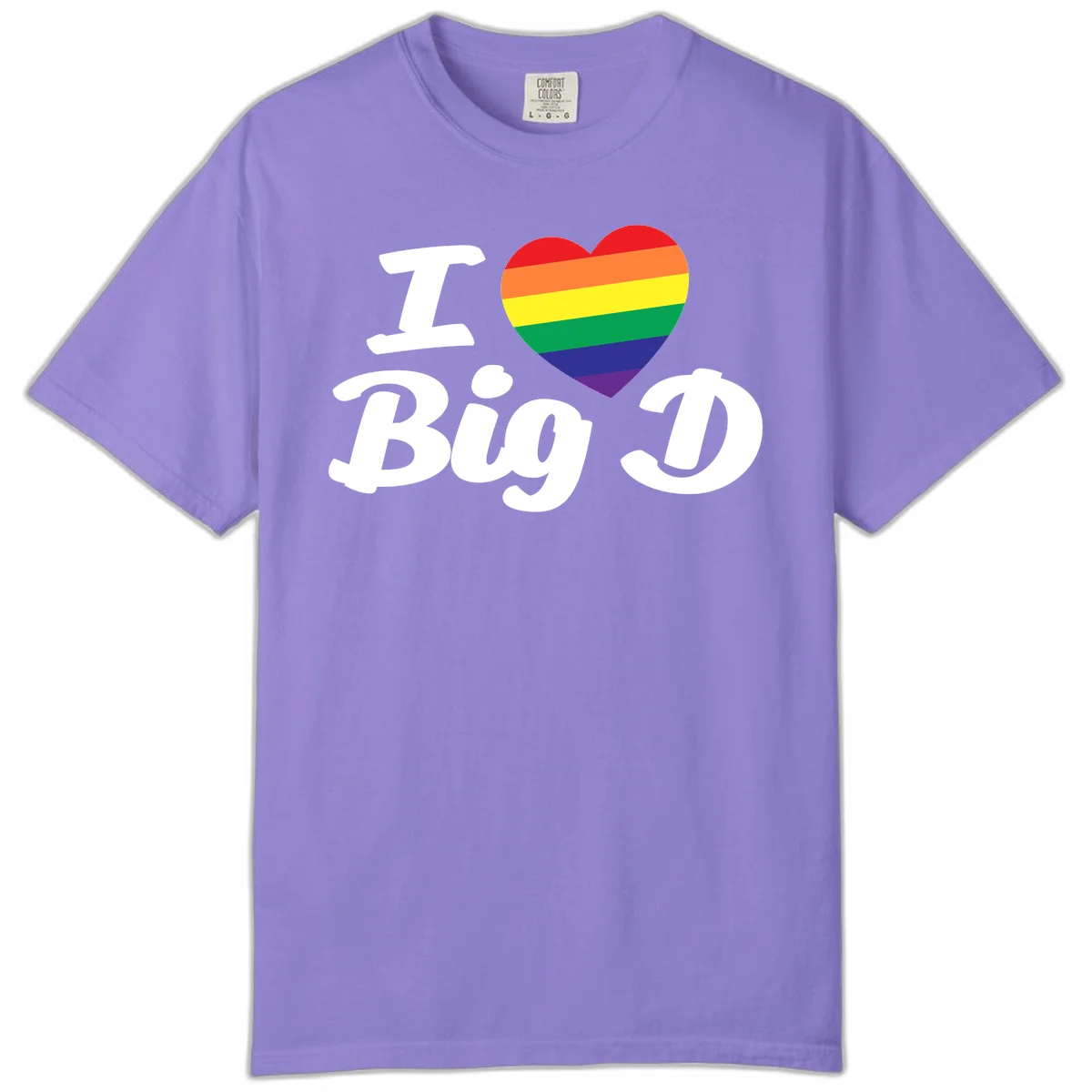 Big D pride love design with rainbow-striped heart and white text on gray background in Violet