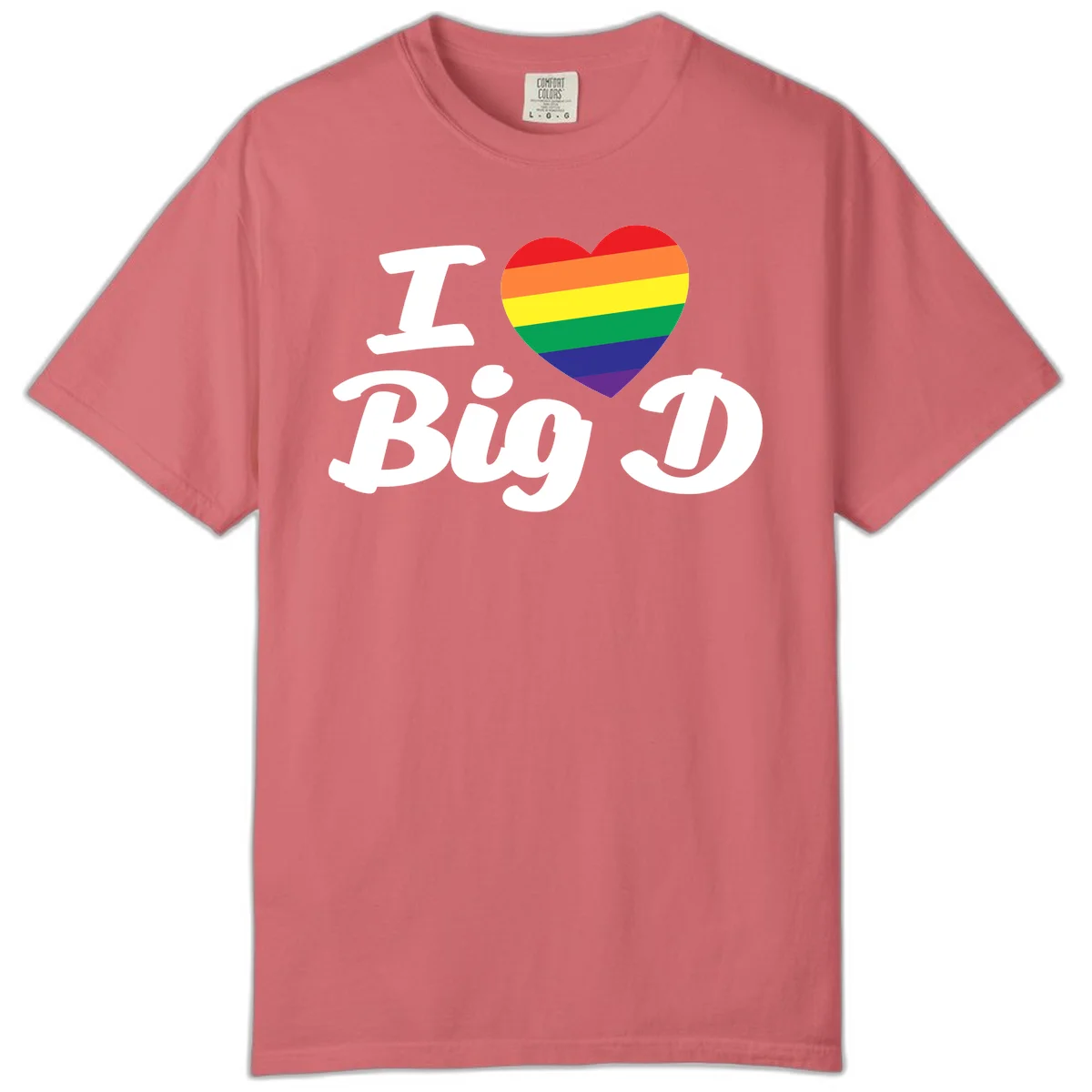 Big D pride love design with rainbow-striped heart and white text on gray background in Watermelon