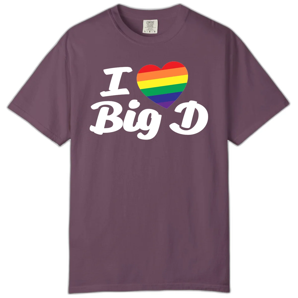 Big D pride love design with rainbow-striped heart and white text on gray background in Berry