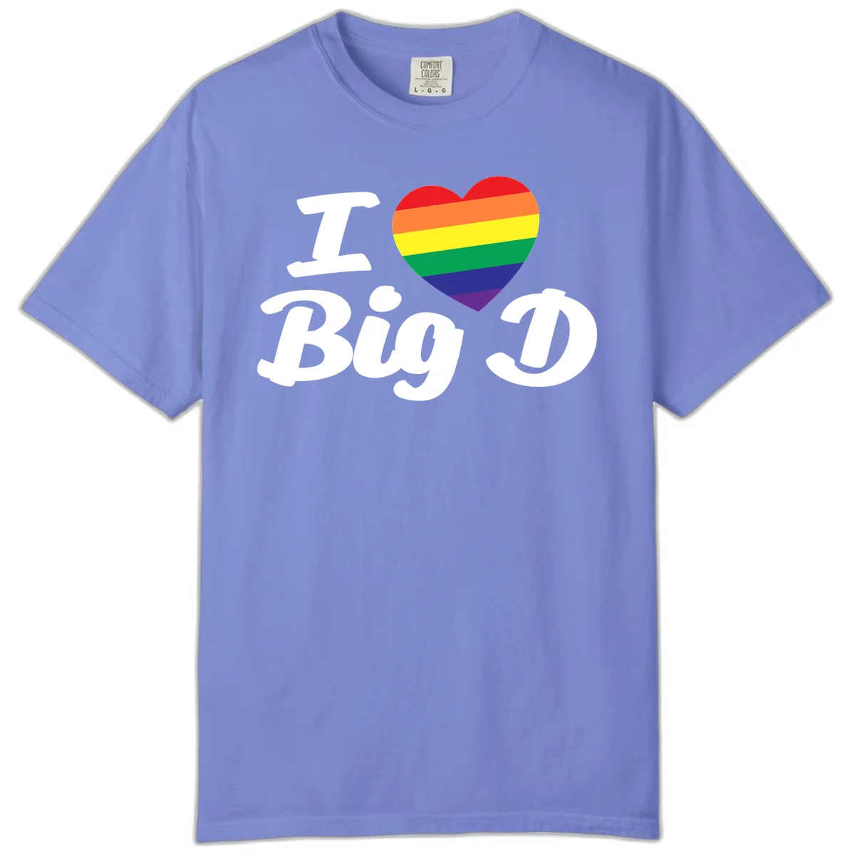 Big D pride love design with rainbow-striped heart and white text on gray background in Flo Blue