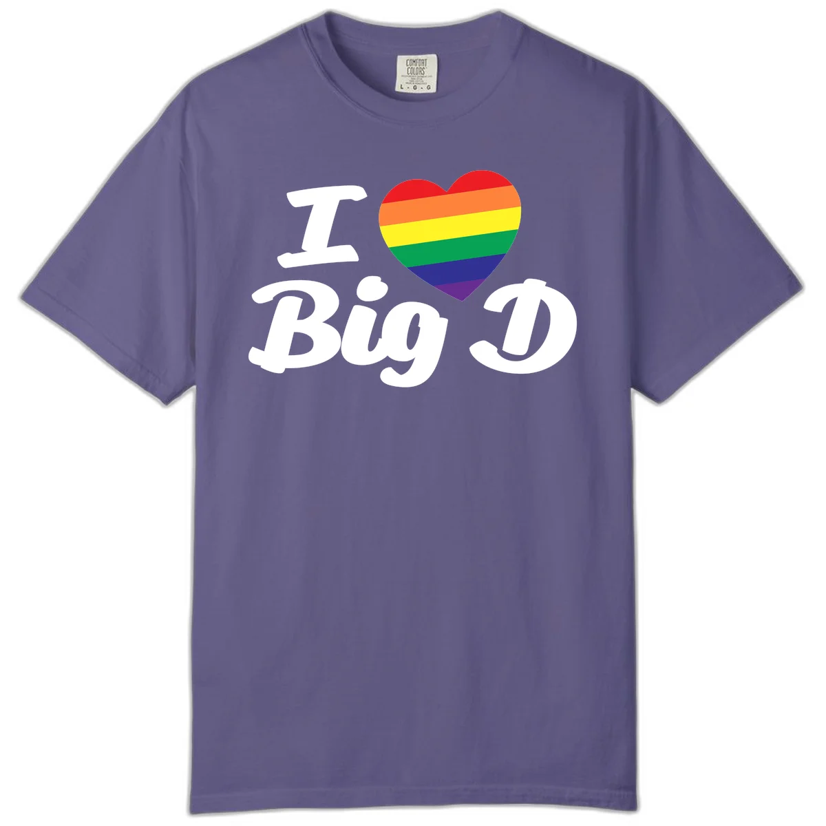 Big D pride love design with rainbow-striped heart and white text on gray background in Grape