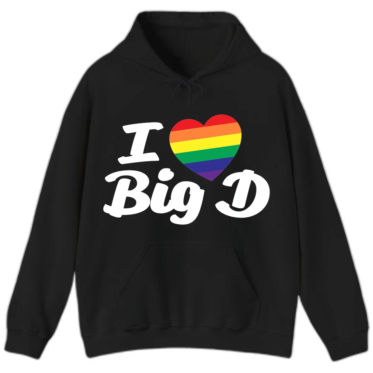 Big D pride love design with rainbow-striped heart and white text on gray background in Black