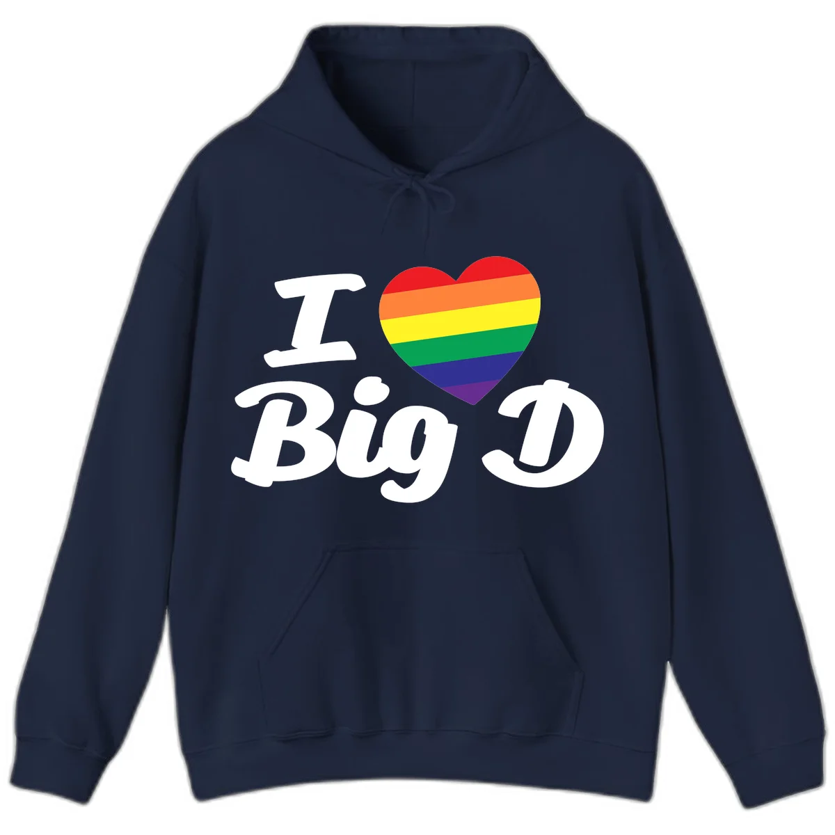 Big D pride love design with rainbow-striped heart and white text on gray background in Navy