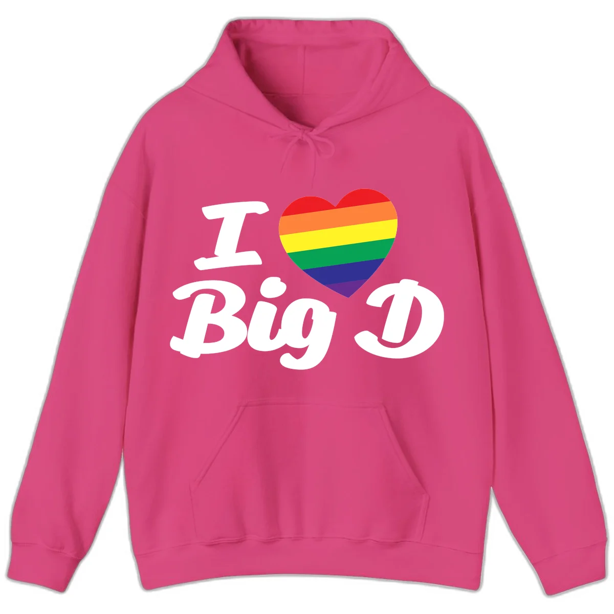 Big D pride love design with rainbow-striped heart and white text on gray background in Heliconia