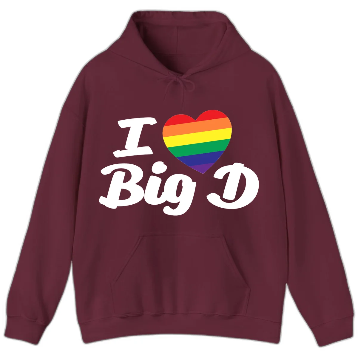 Big D pride love design with rainbow-striped heart and white text on gray background in Maroon