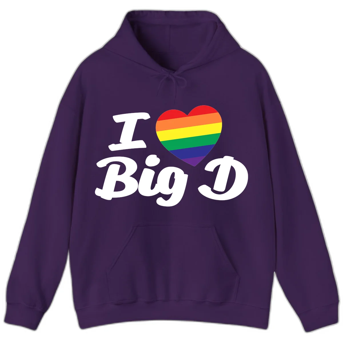 Big D pride love design with rainbow-striped heart and white text on gray background in Purple
