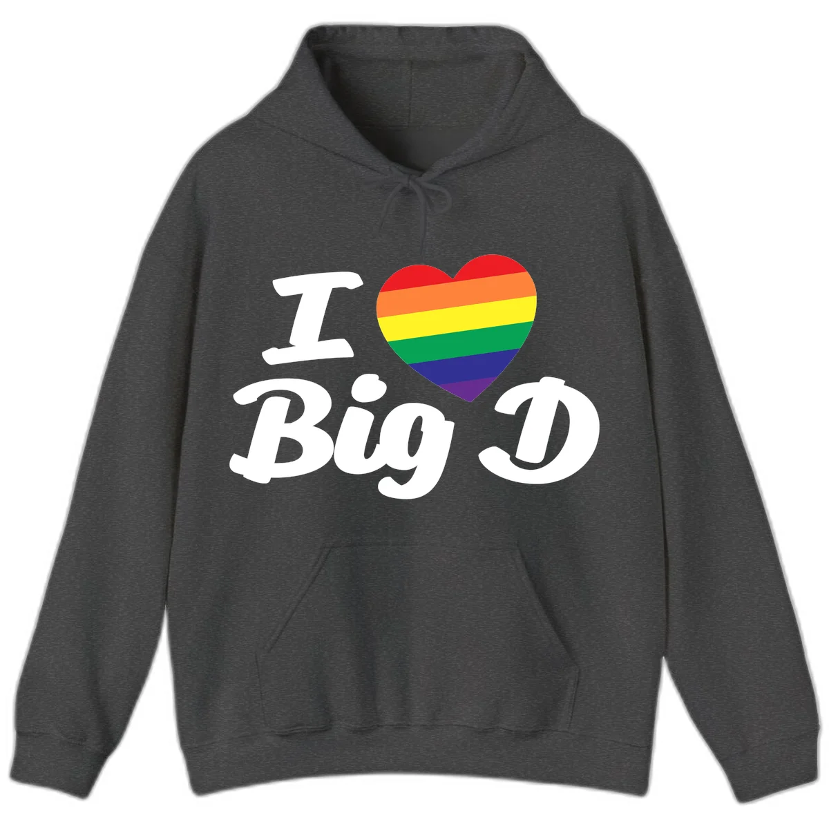 Big D pride love design with rainbow-striped heart and white text on gray background in Dark Heather