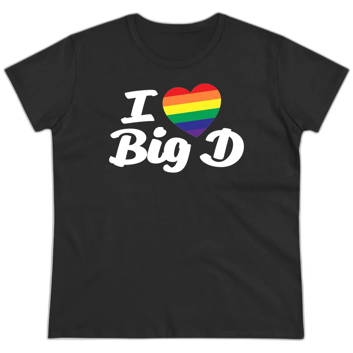 Big D pride love design with rainbow-striped heart and white text on gray background in Black