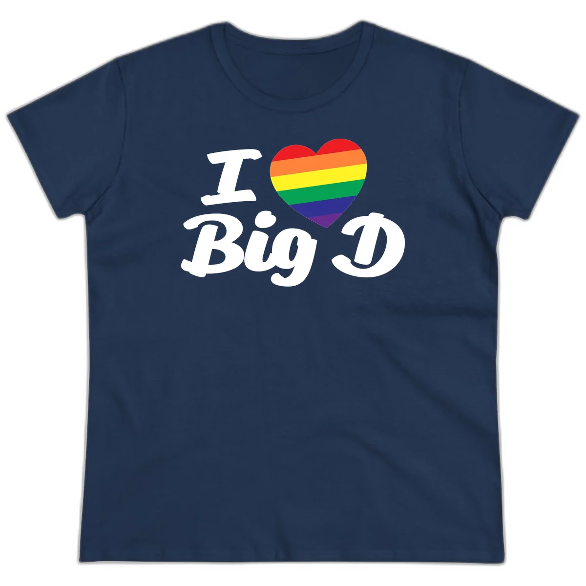 Big D pride love design with rainbow-striped heart and white text on gray background in Navy