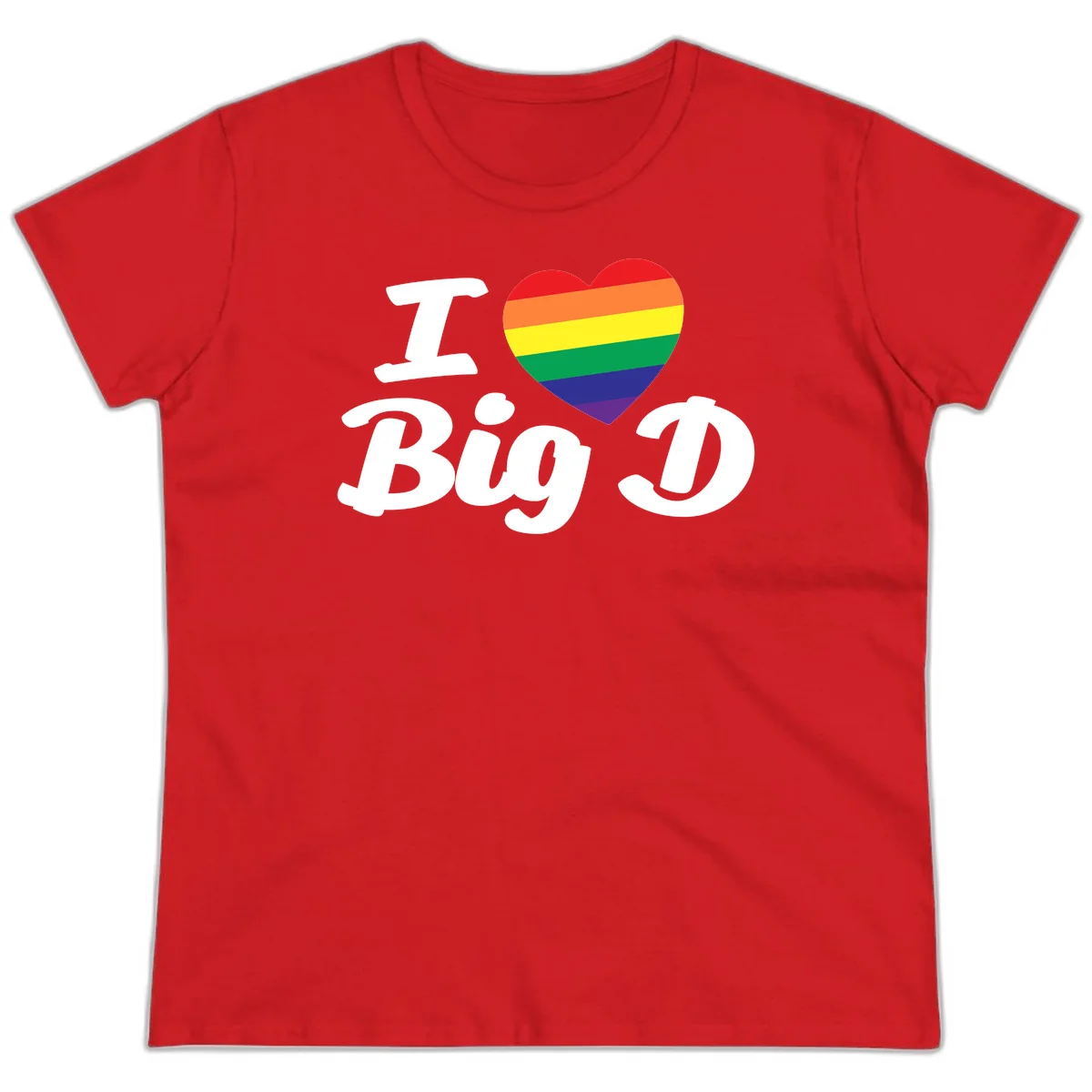Big D pride love design with rainbow-striped heart and white text on gray background in Red