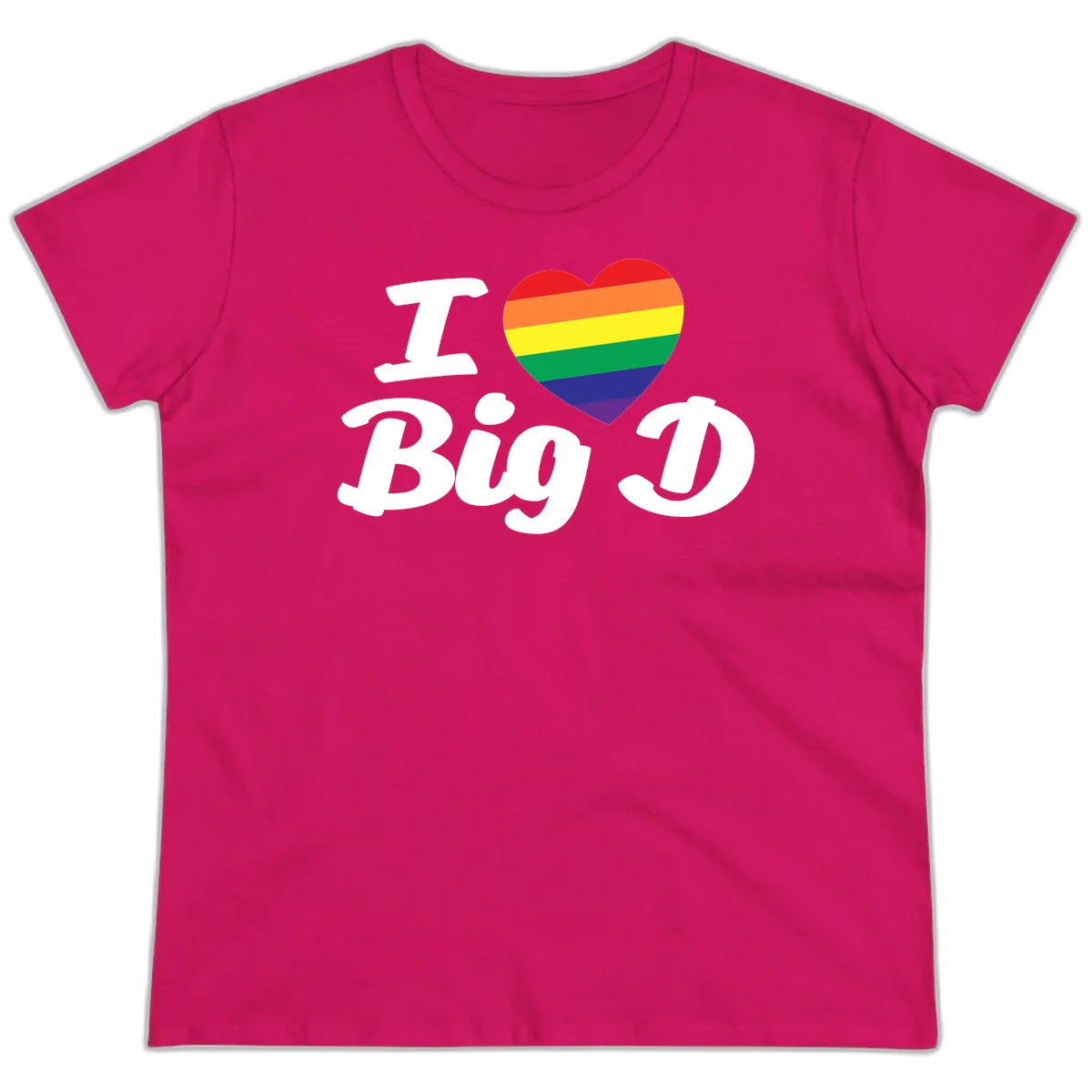 Big D pride love design with rainbow-striped heart and white text on gray background in Heliconia