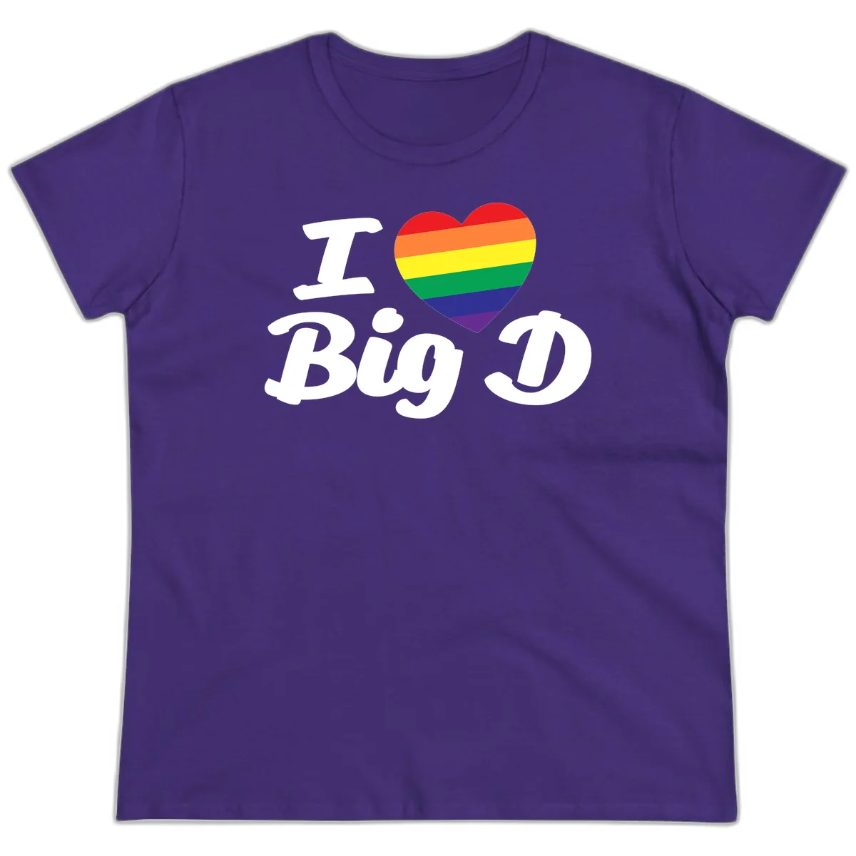 Big D pride love design with rainbow-striped heart and white text on gray background in Purple