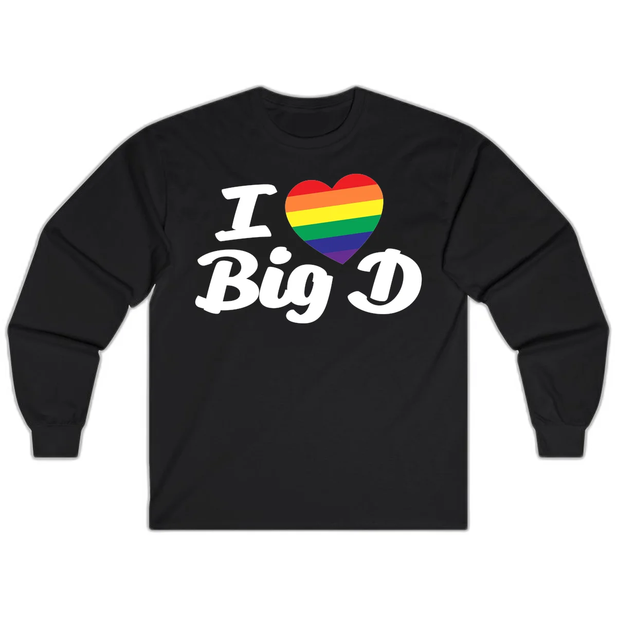 Big D pride love design with rainbow-striped heart and white text on gray background in Black