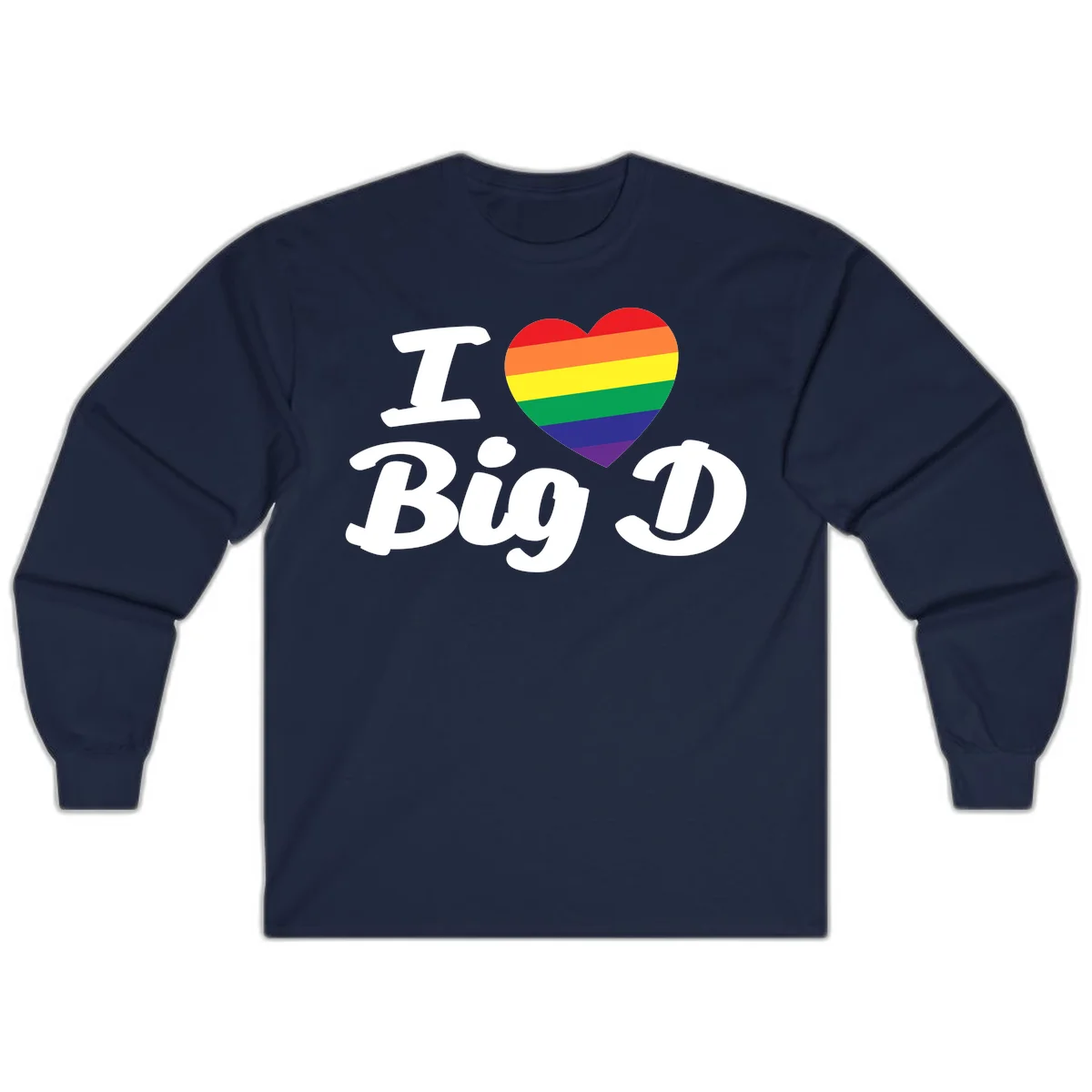 Big D pride love design with rainbow-striped heart and white text on gray background in Navy