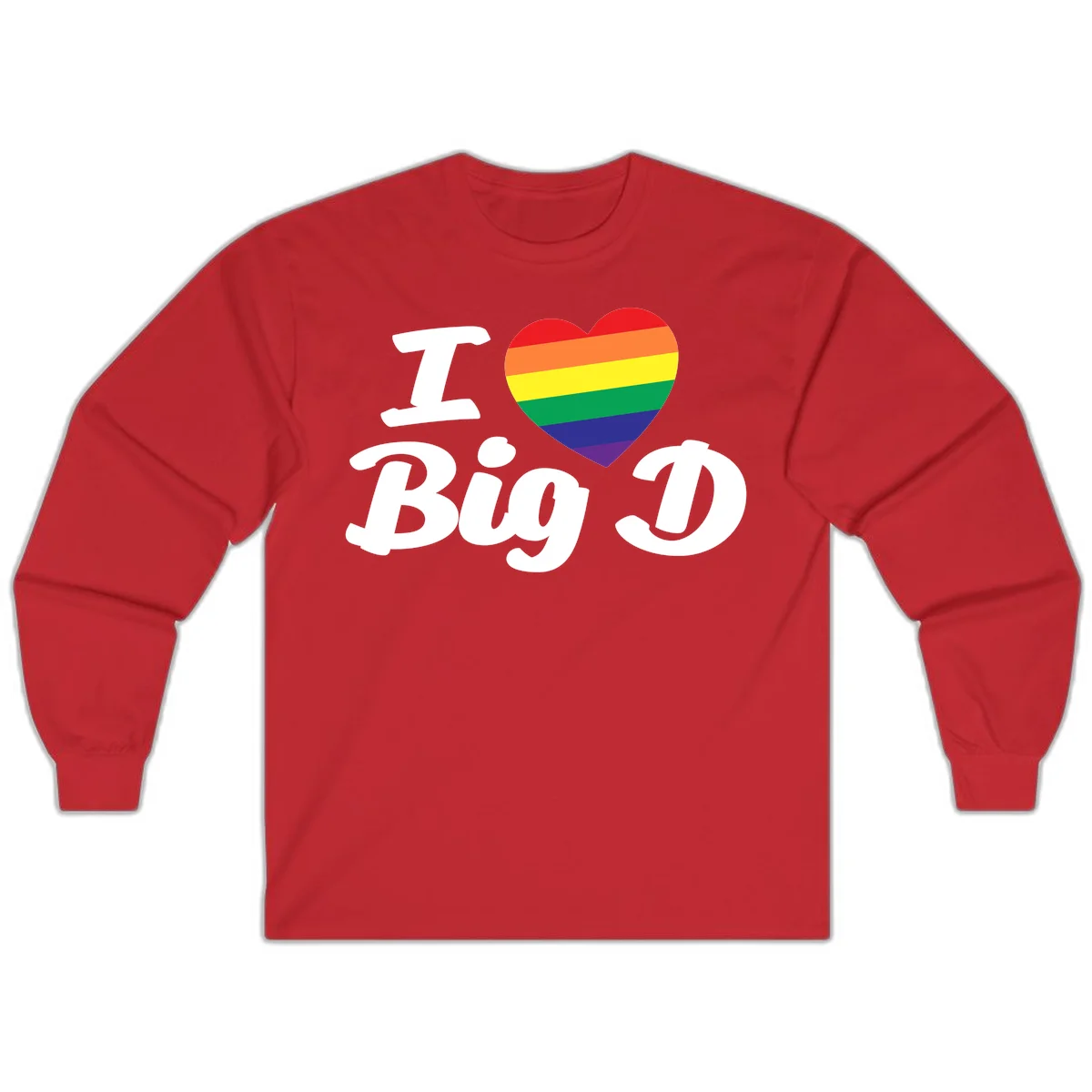 Big D pride love design with rainbow-striped heart and white text on gray background in Red