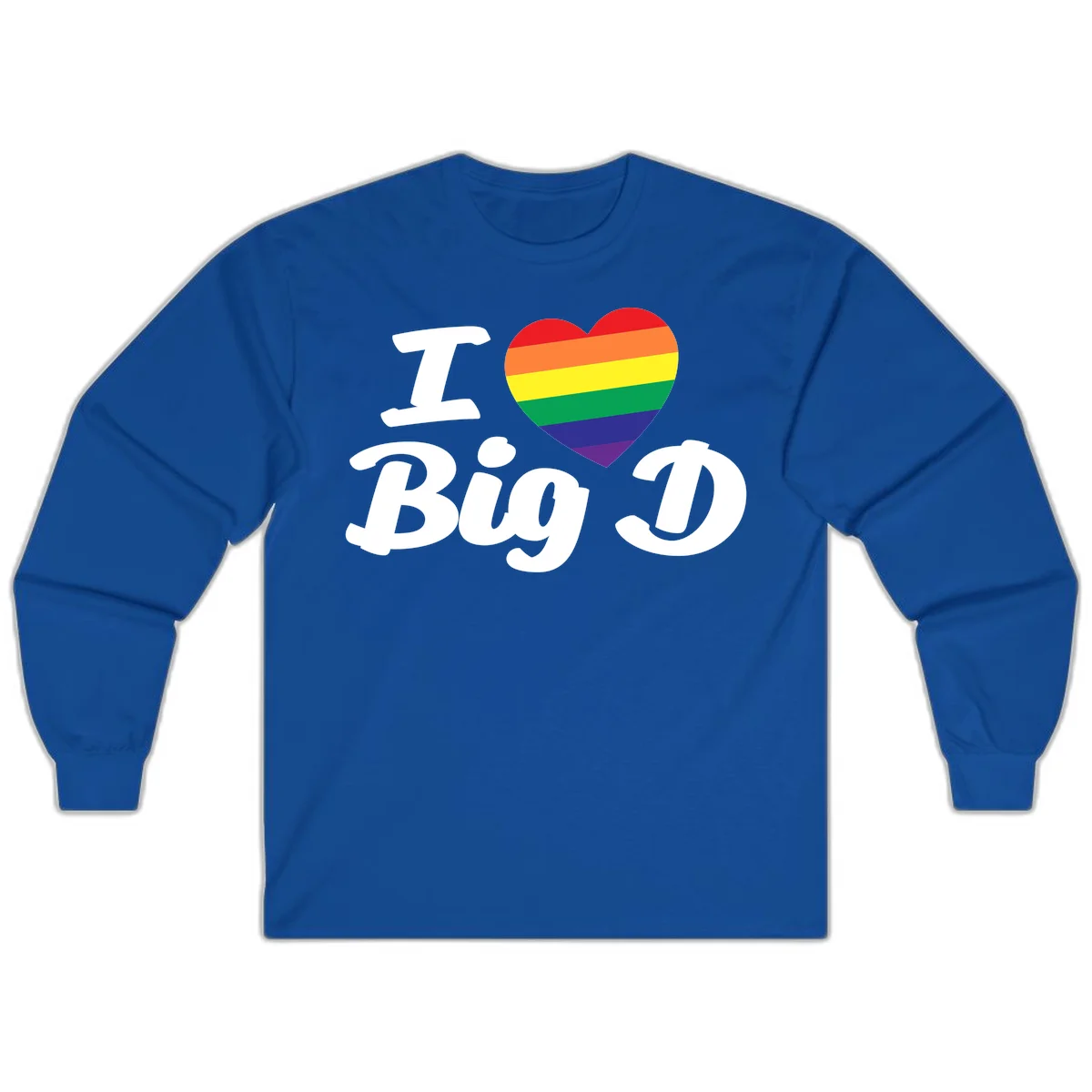 Big D pride love design with rainbow-striped heart and white text on gray background in Royal