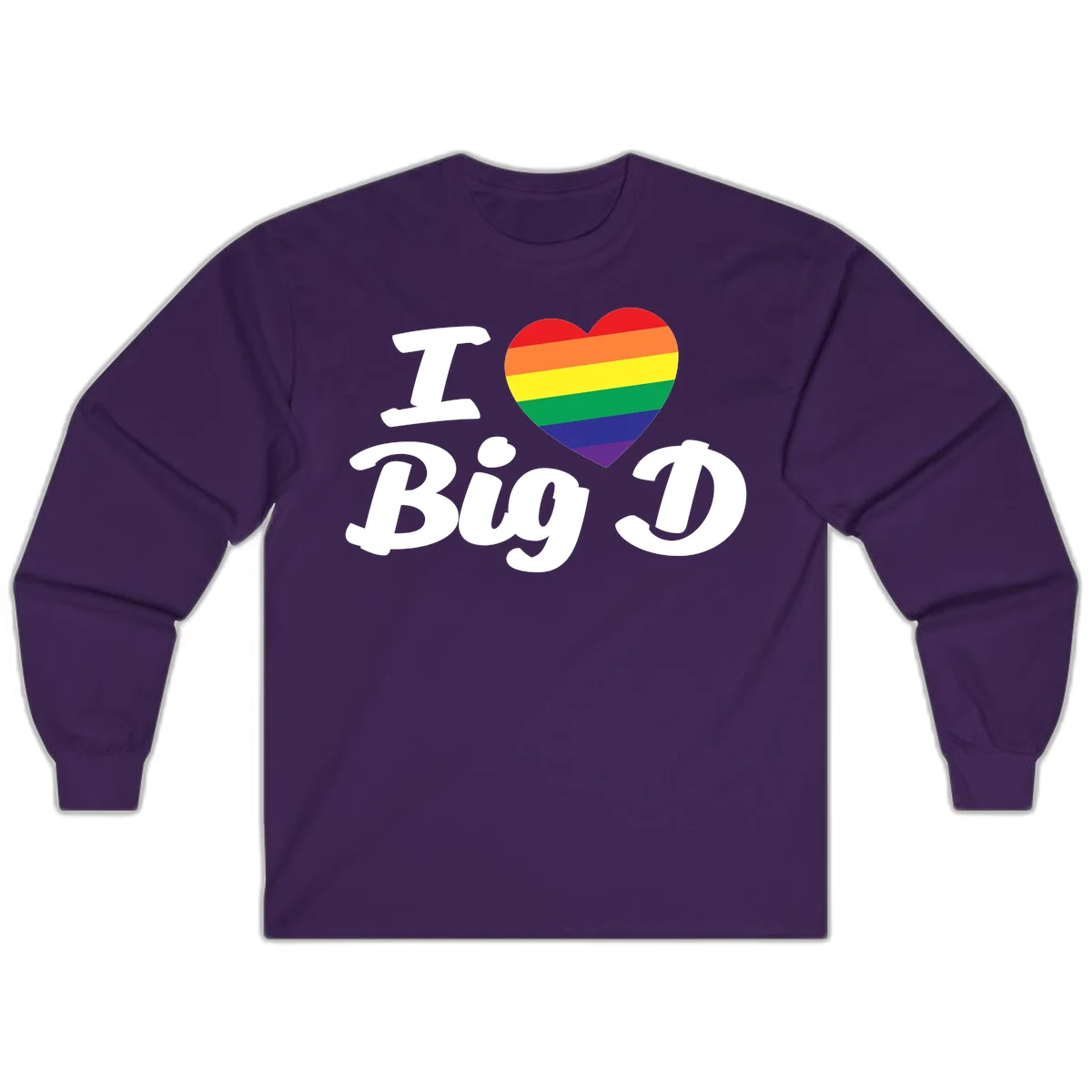 Big D pride love design with rainbow-striped heart and white text on gray background in Purple