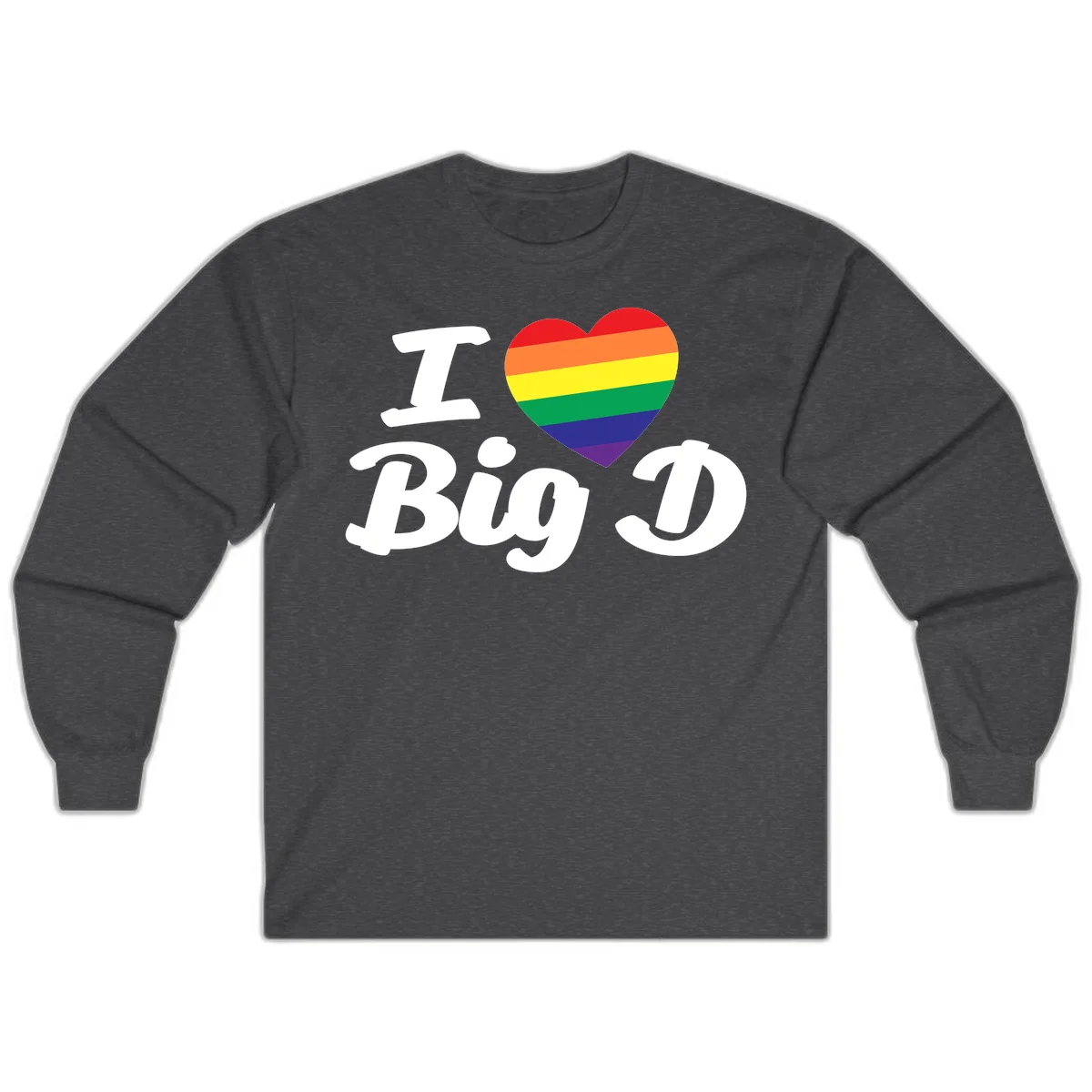 Big D pride love design with rainbow-striped heart and white text on gray background in Dark Heather