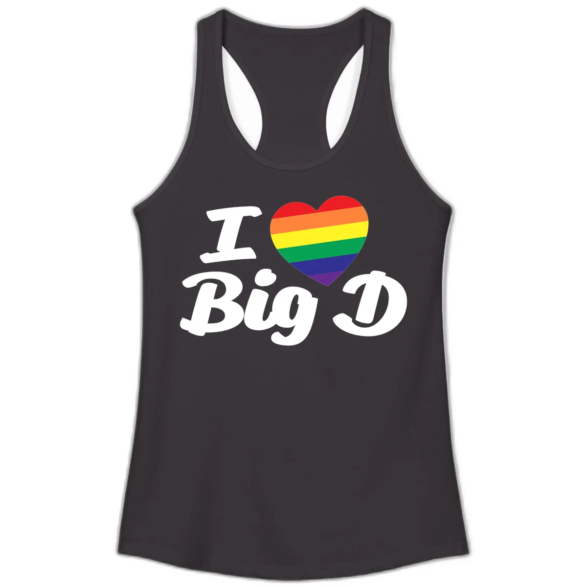 Big D pride love design with rainbow-striped heart and white text on gray background in Black