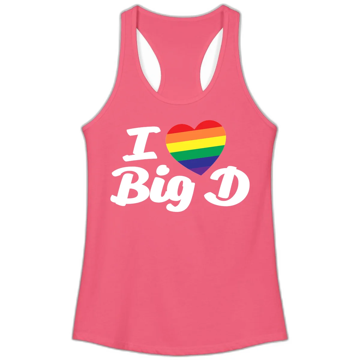 Big D pride love design with rainbow-striped heart and white text on gray background in Hot Pink