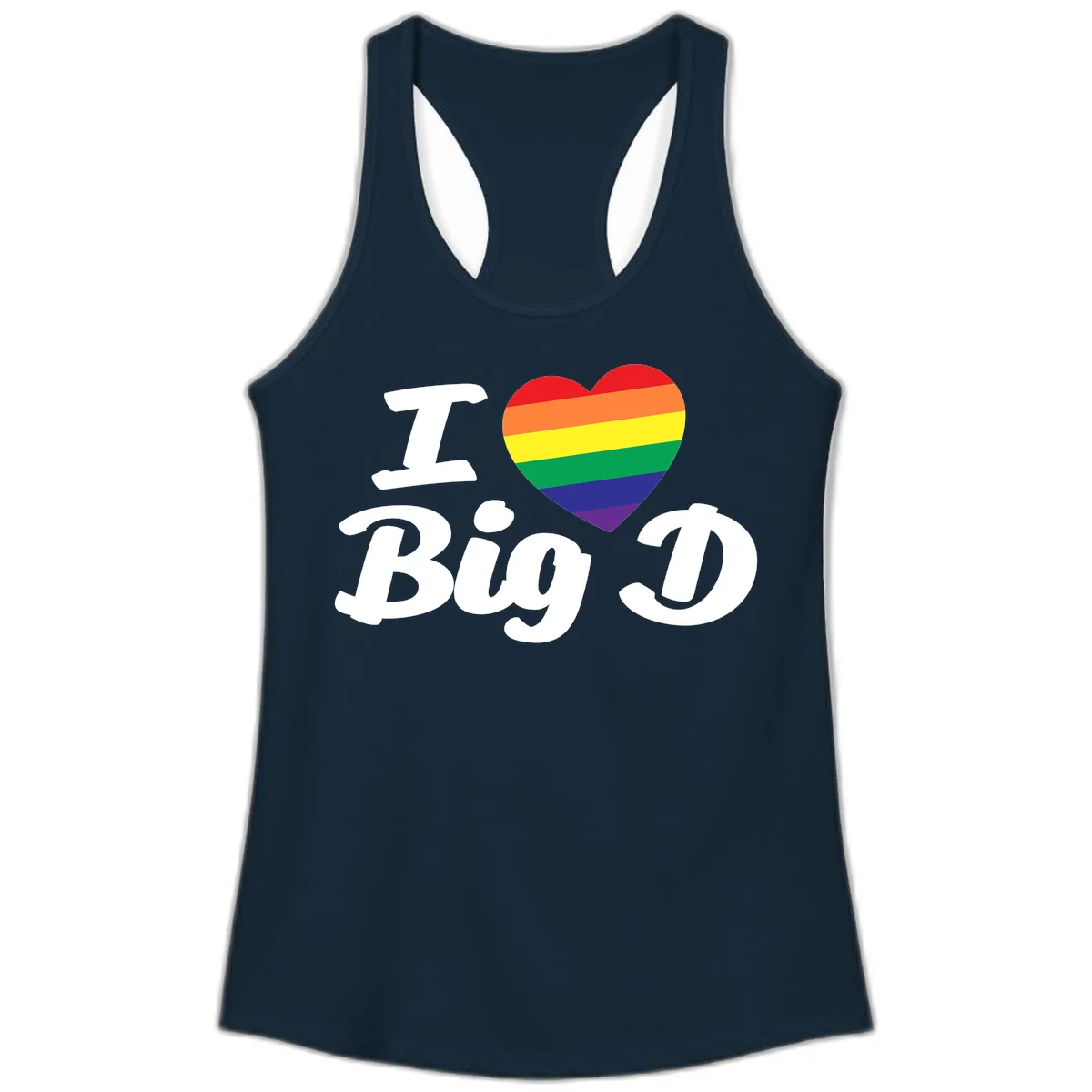 Big D pride love design with rainbow-striped heart and white text on gray background in Solid Midnight Navy