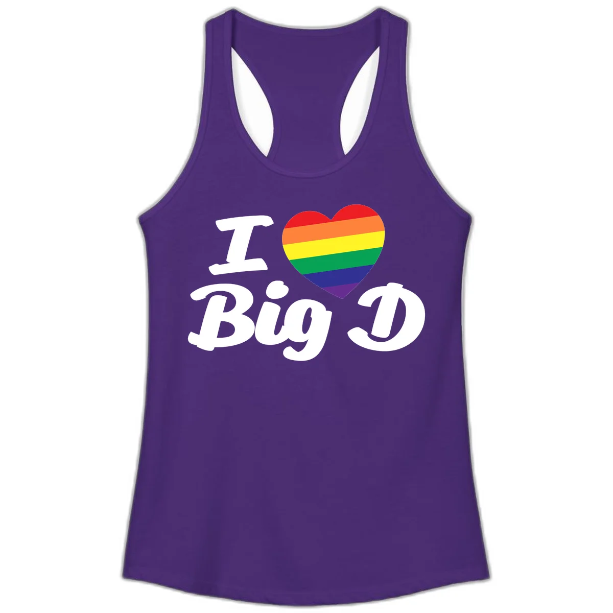 Big D pride love design with rainbow-striped heart and white text on gray background in Solid Purple Rush