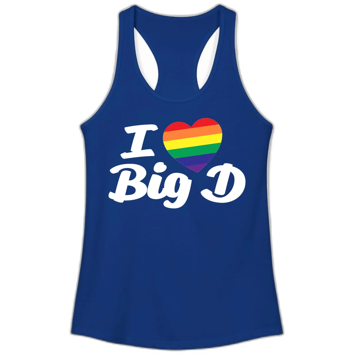 Big D pride love design with rainbow-striped heart and white text on gray background in Solid Royal